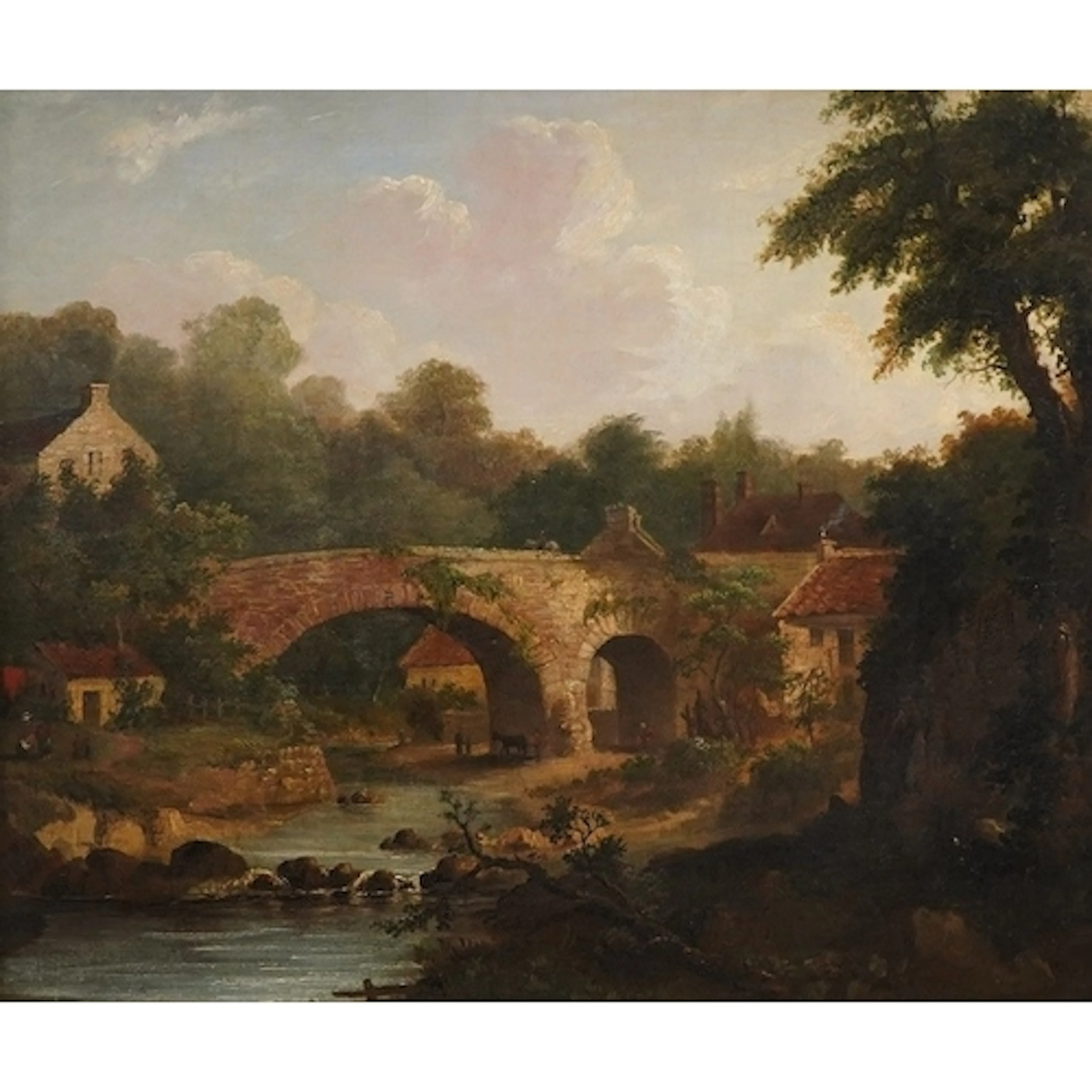 English School, 19th century, River landscape with figures b...