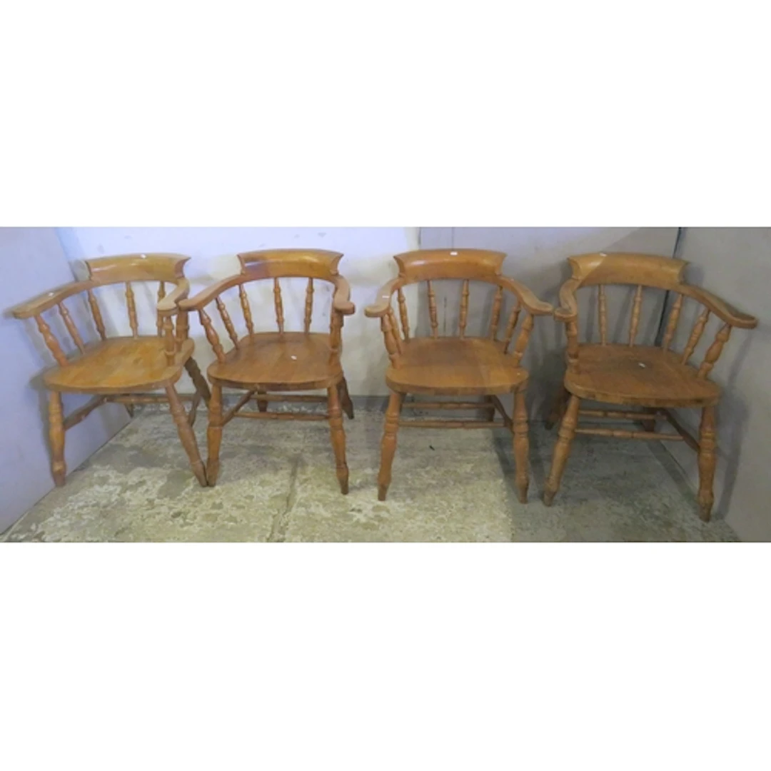 Set of 4 Vintage Smokers Bow Armchairs, blonde wood, elm sad...