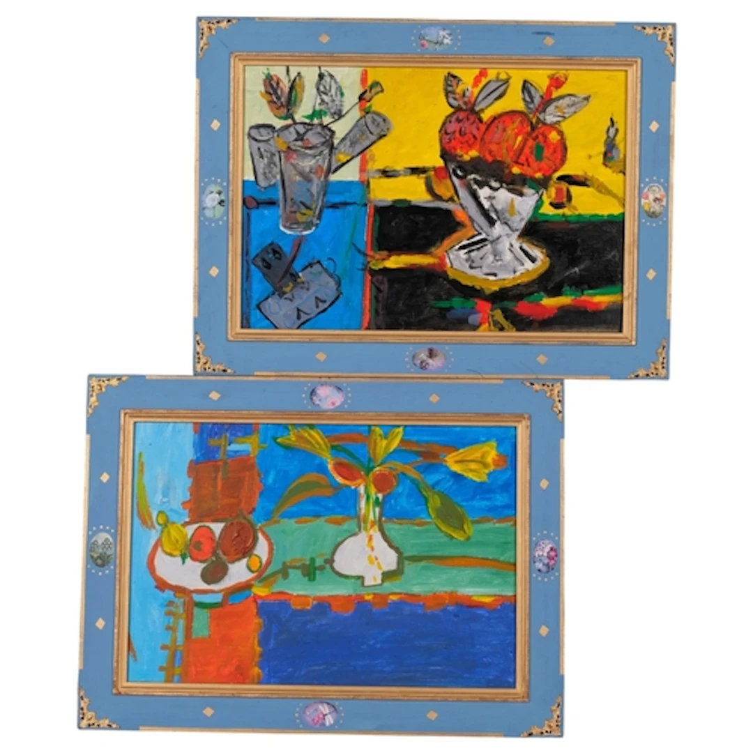Pair of contemporary abstract still lives, oils on board, un...