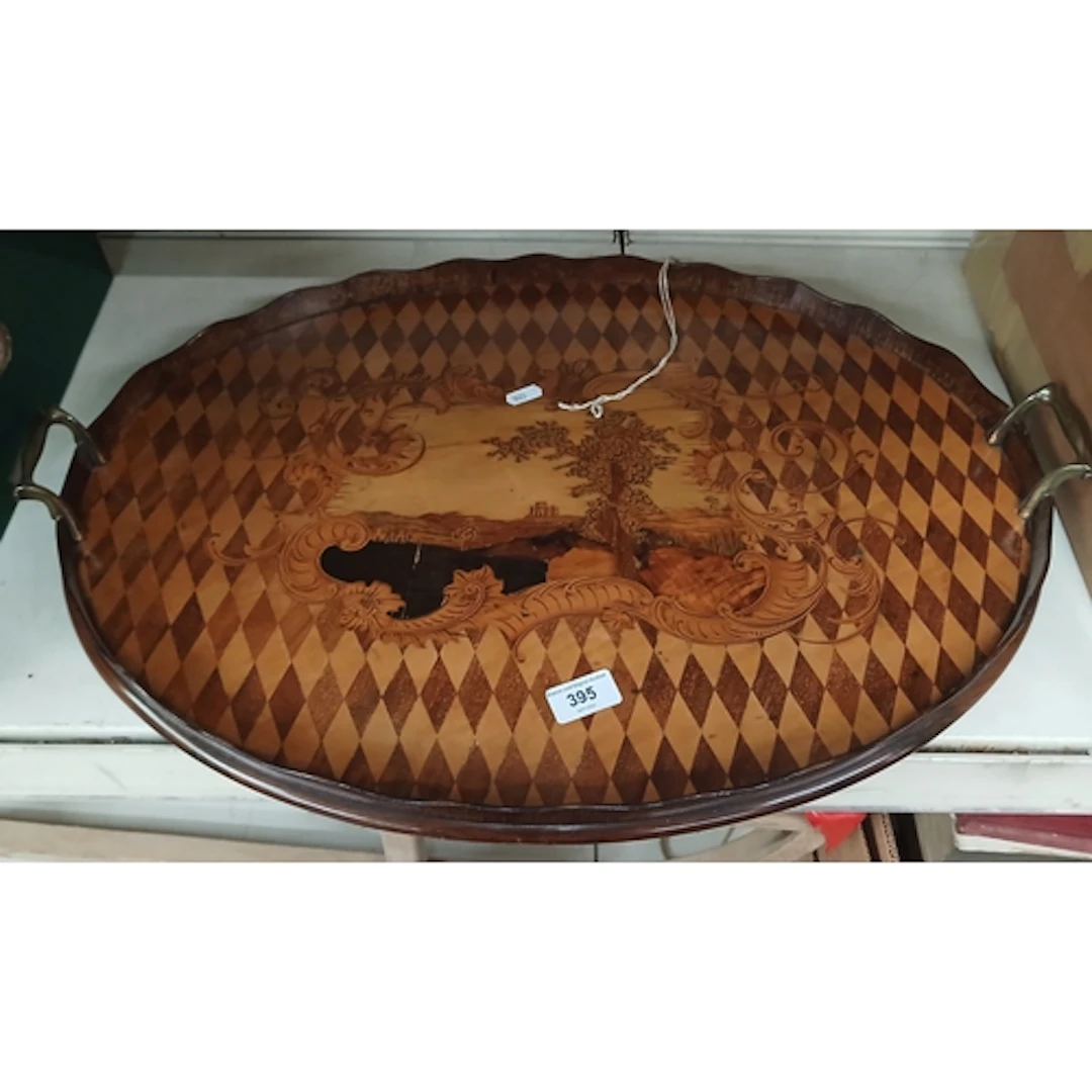 A large marquetry galleried tray.