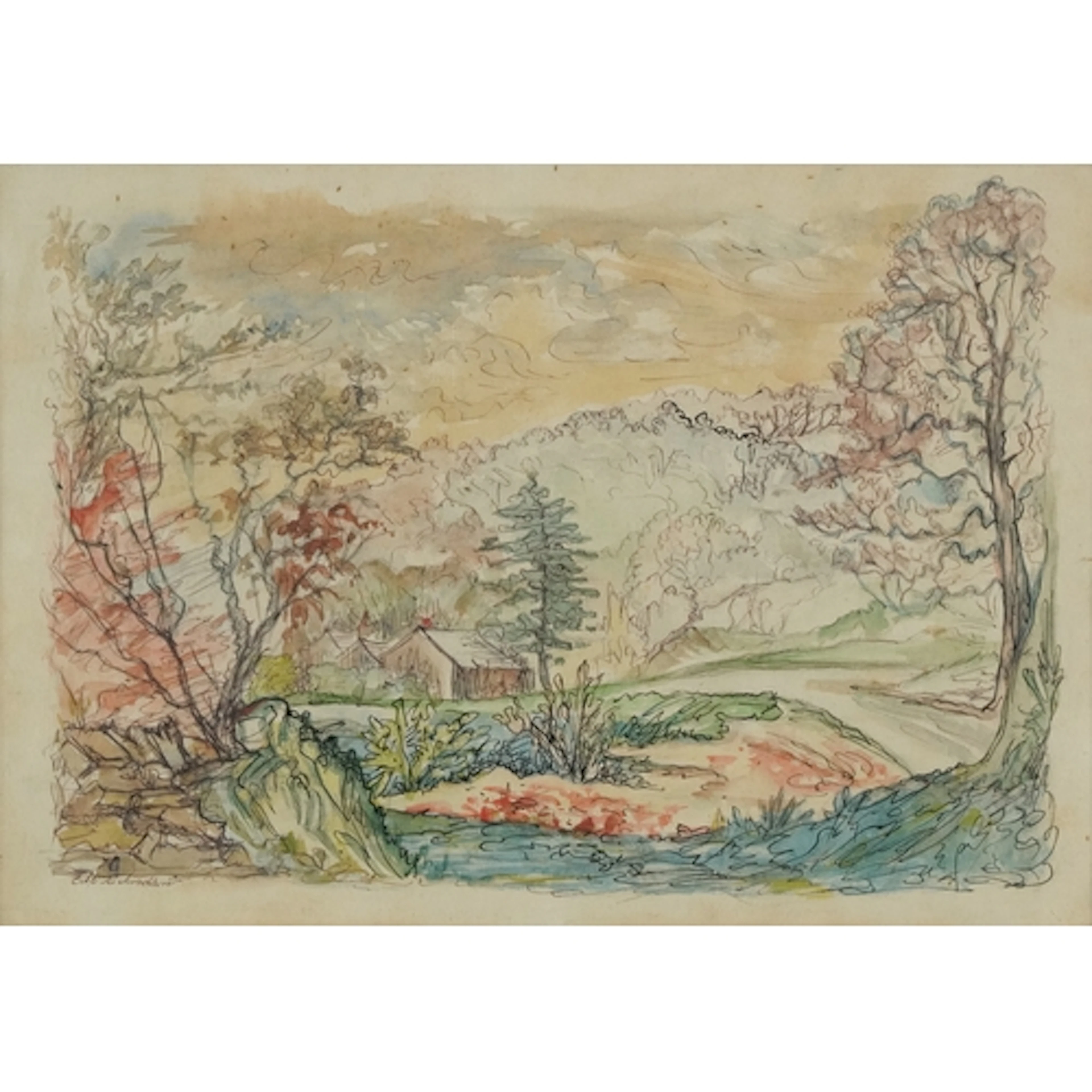 Cottage in a landscape, watercolour and ink on paper, bearin...