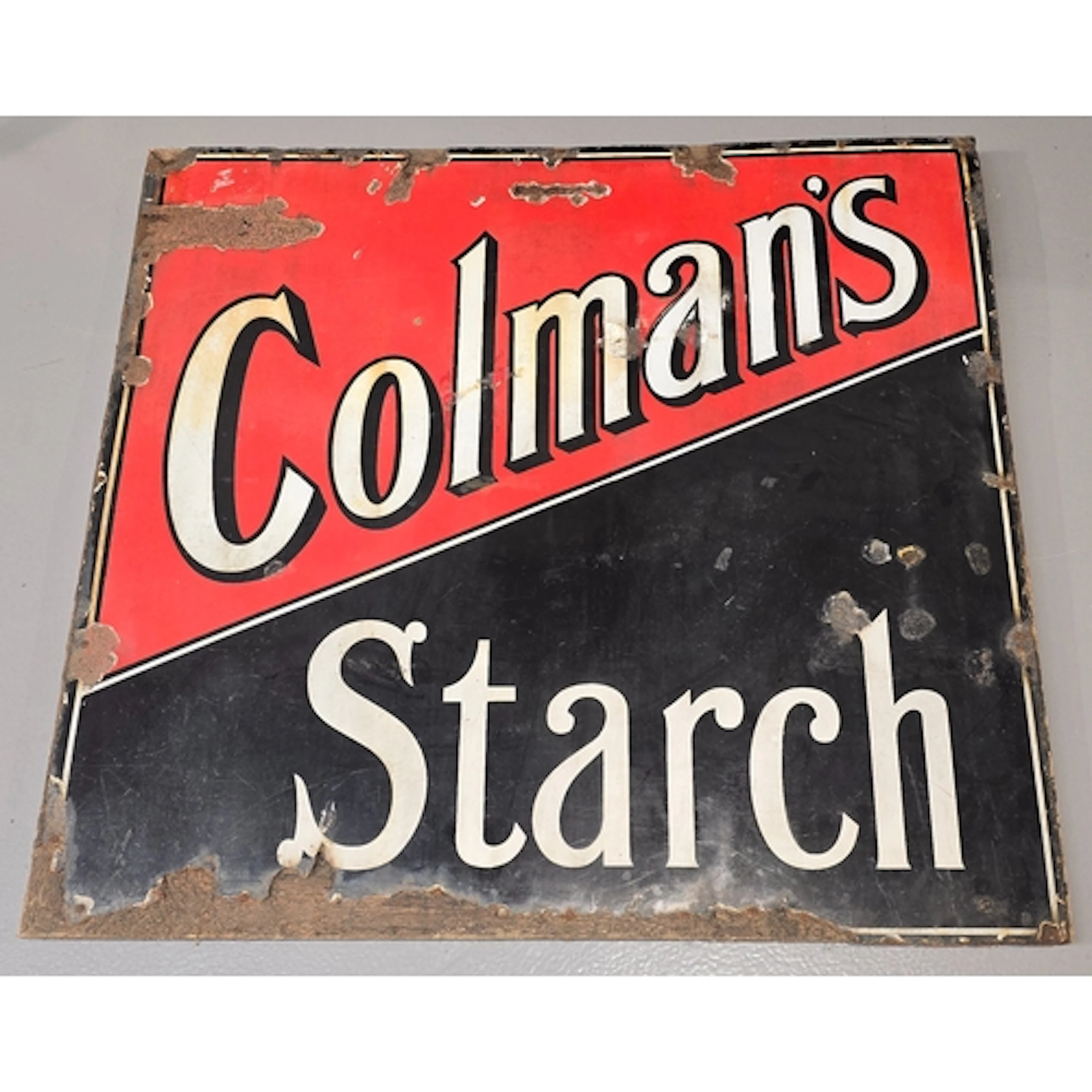 Vintage Colmans' Starch enamel advertising sign mounted to w...