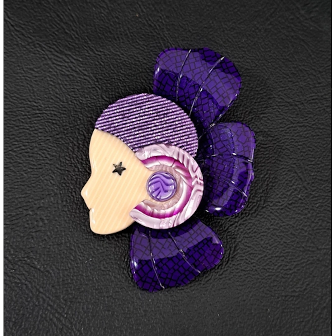 LEA STEIN ART DECO GIRL PETAL BROOCH with purple cloche hat ...
