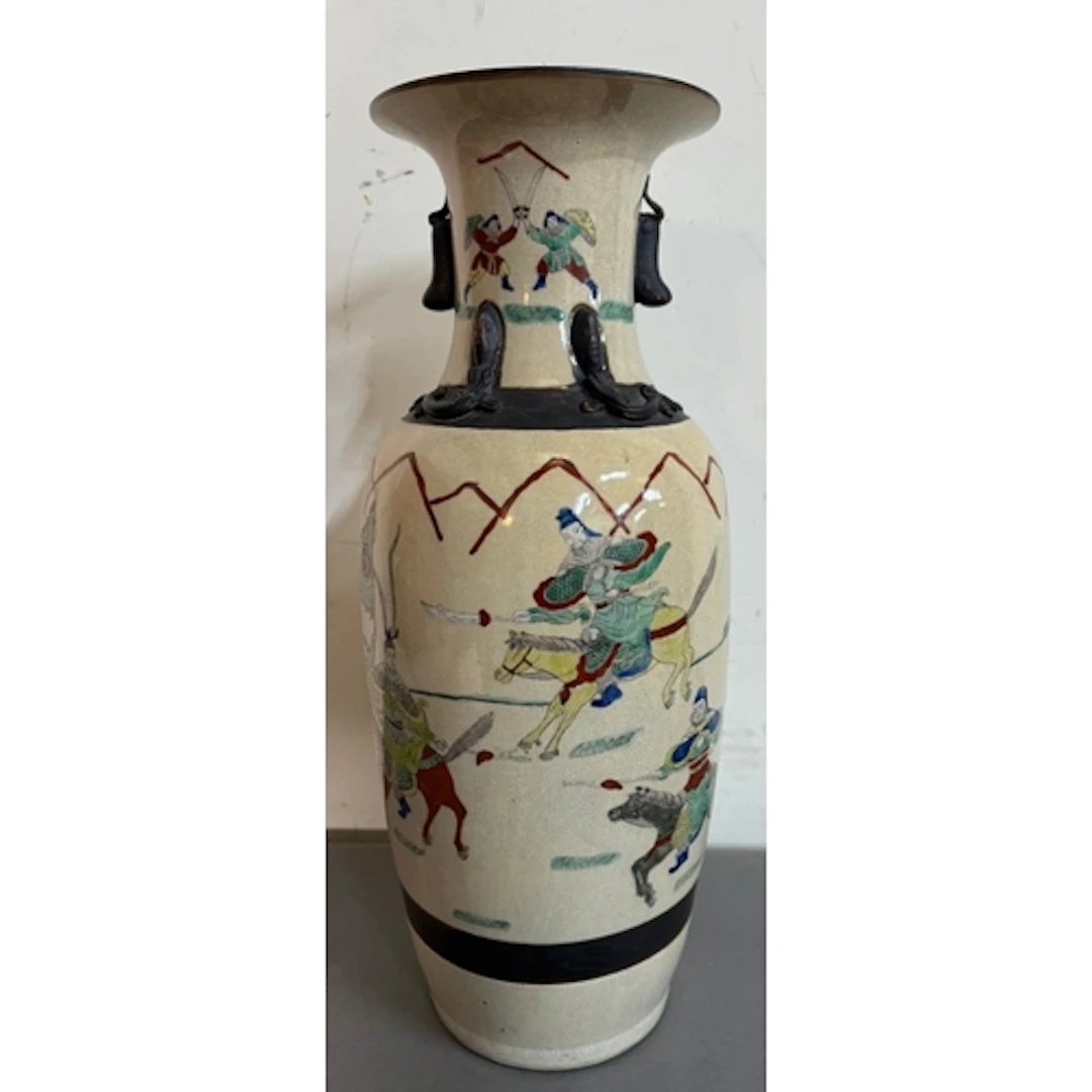 A Chinese crackle glaze twin handled "Warrior" vase. Height ...