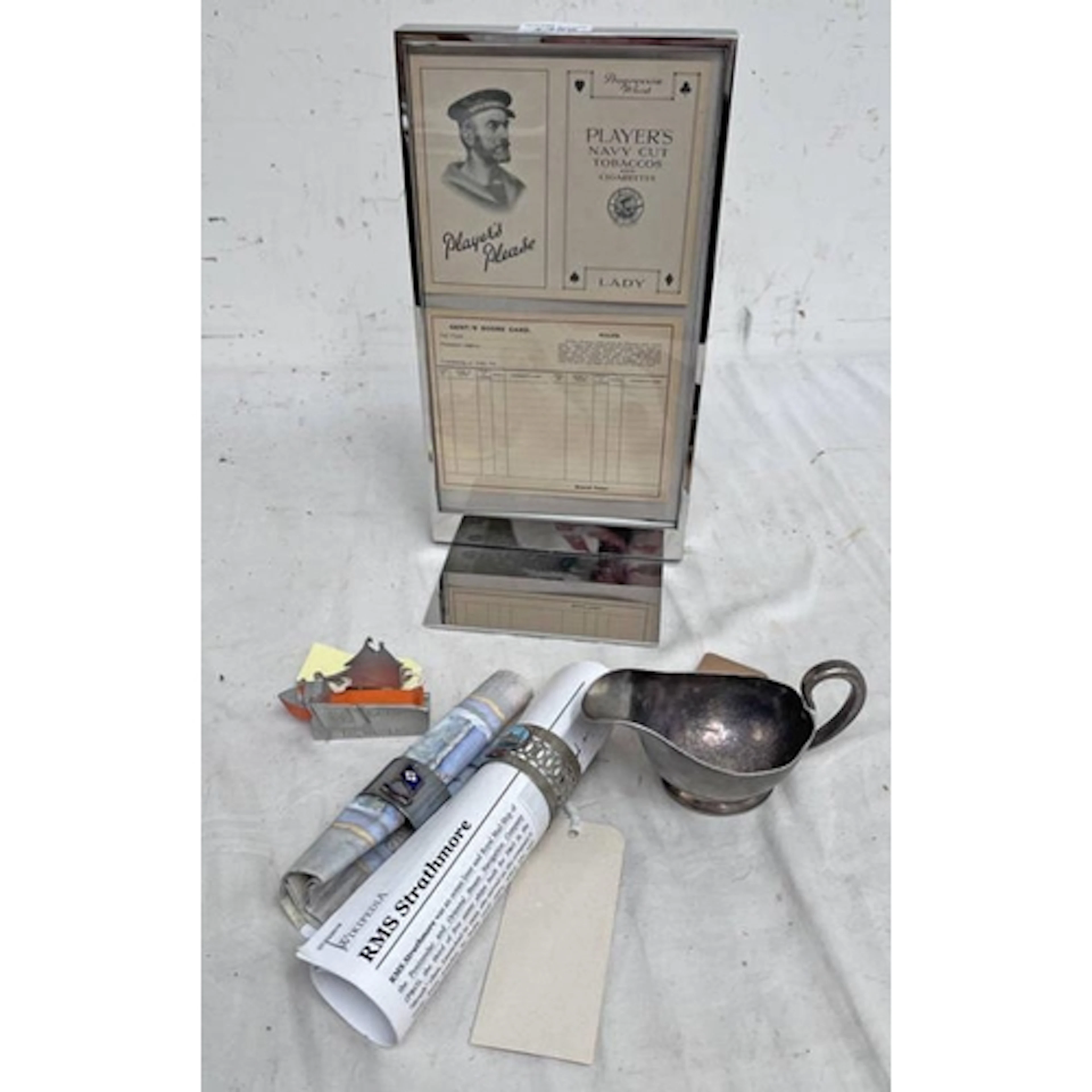 DESK STAND WITH PLAYER'S SCORE CARDS, P & O GRAVY BOAT, NAUT...