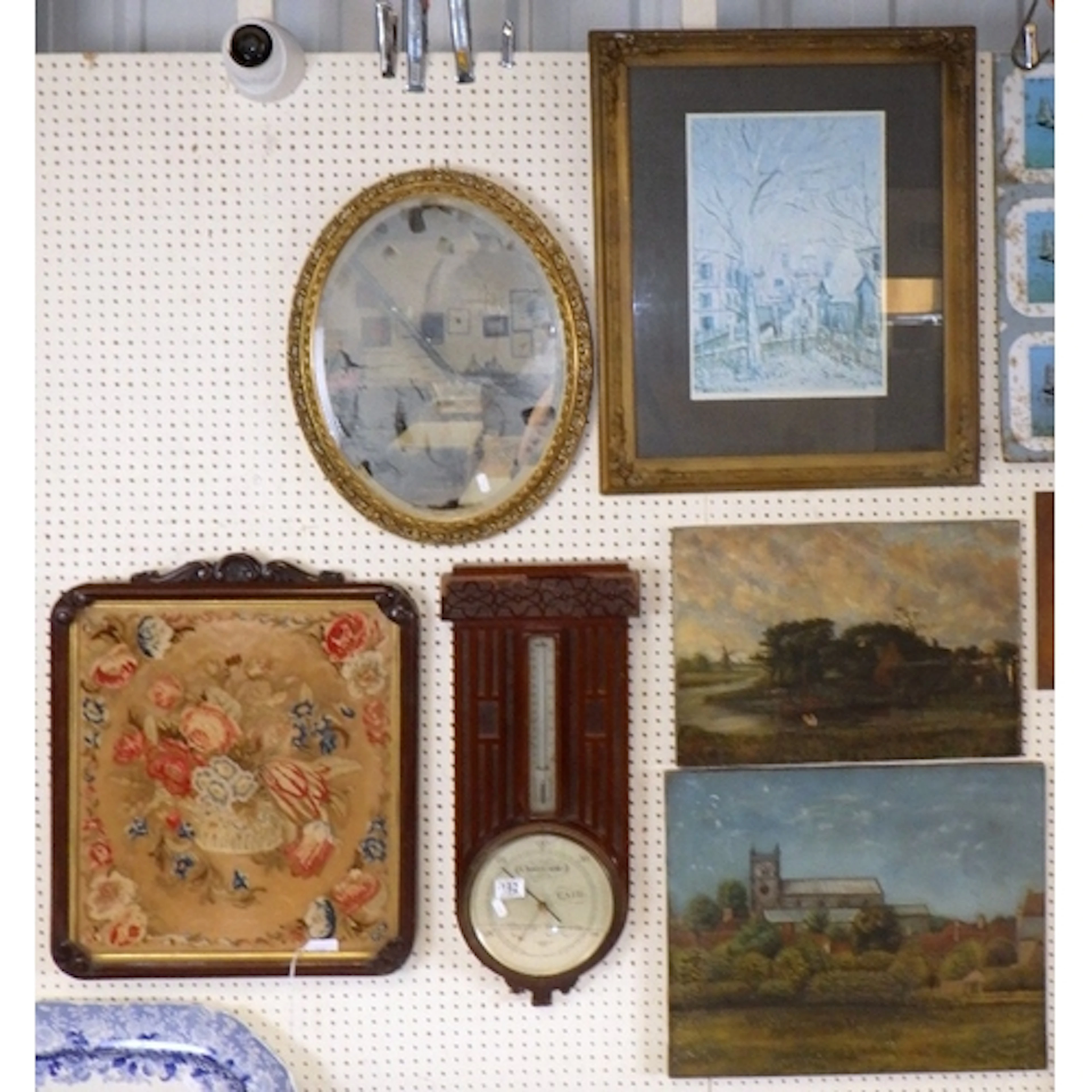 A floral needlework, unframed landscapes, mirror & barometer...
