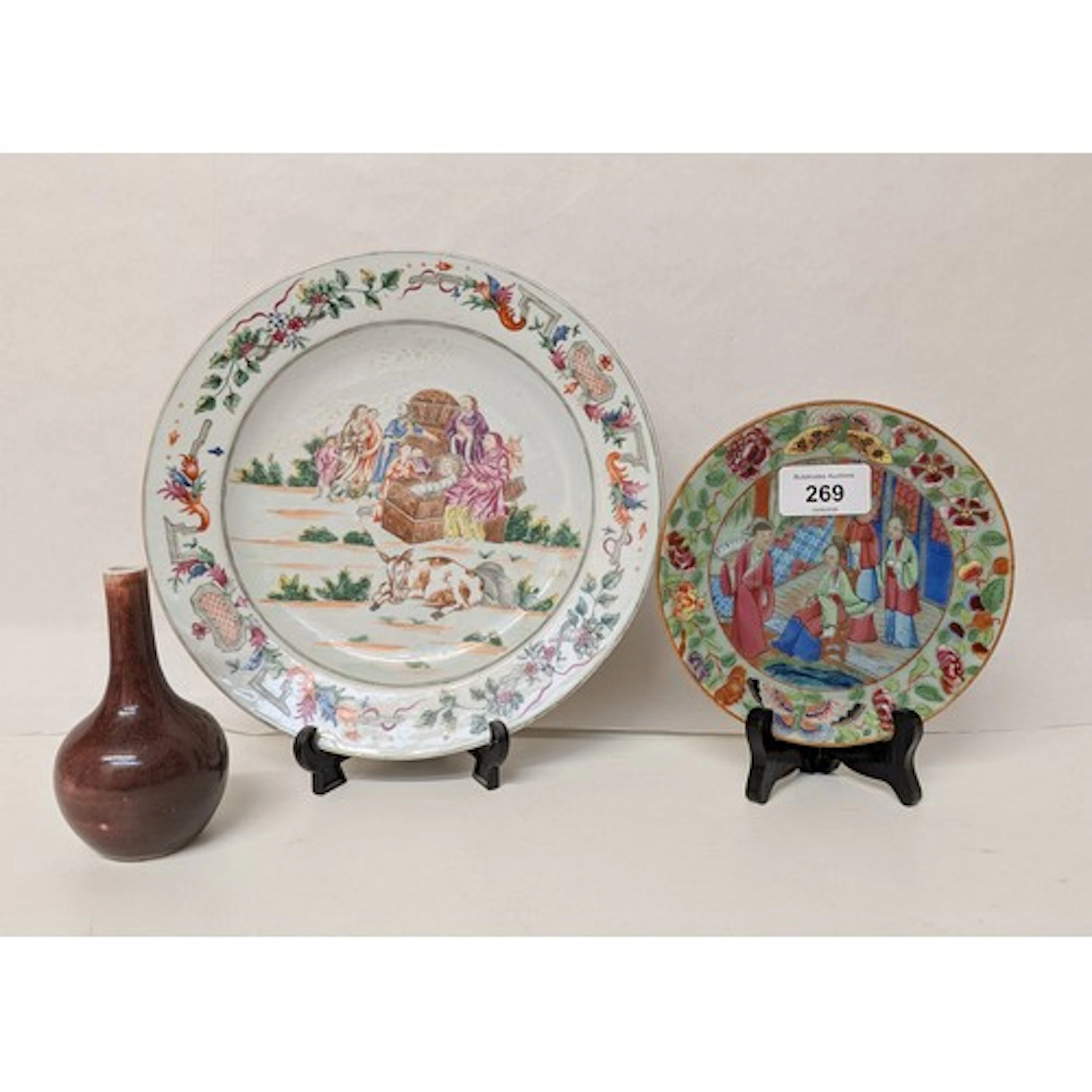 Chinese export Nativity plate, sang de boeuf glazed vase wit...