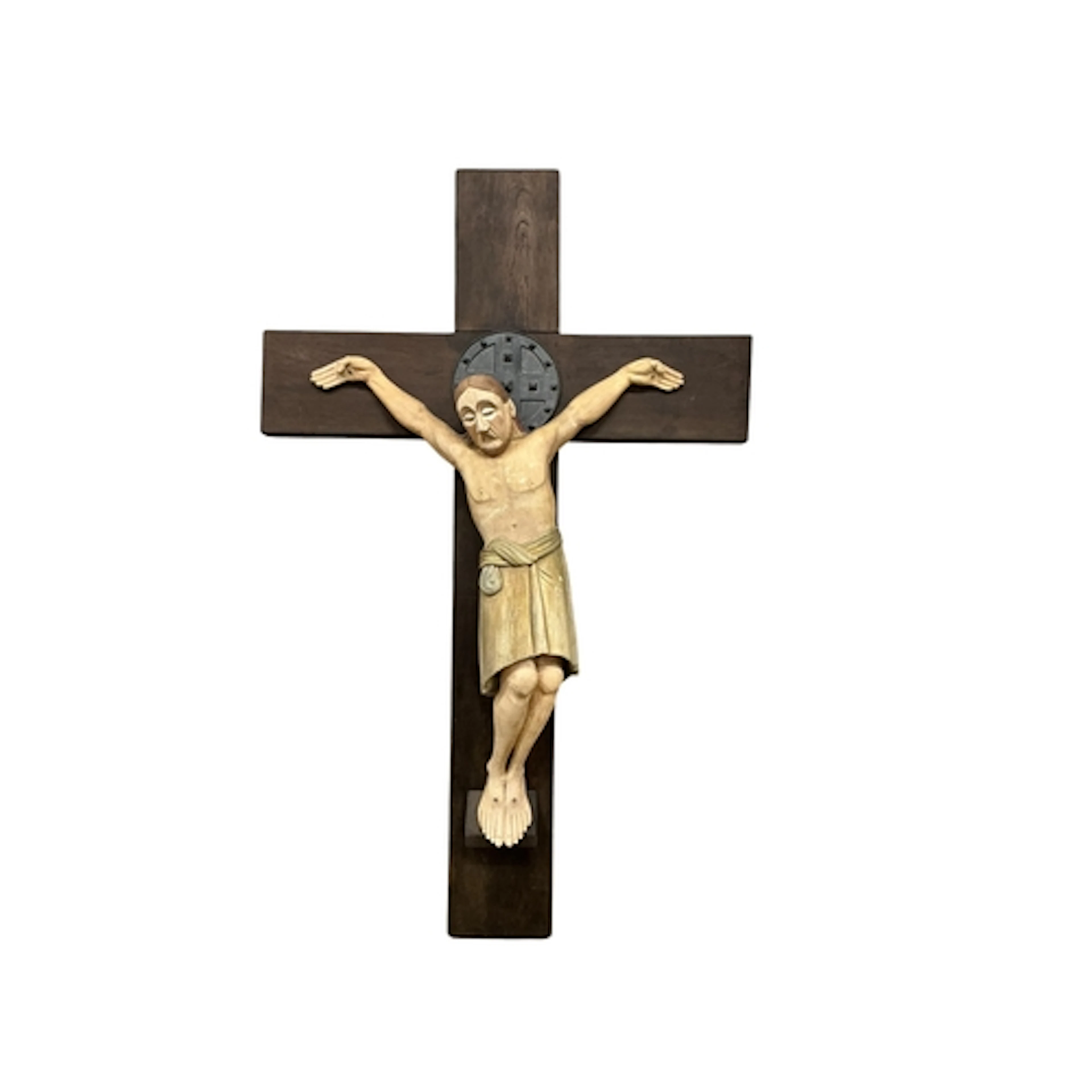 A life size Modernist style carved and polychrome wood cruci...