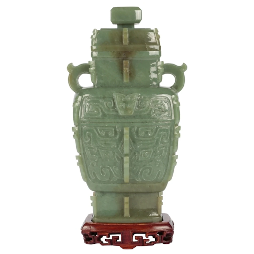 A large Chinese archaistic green jade vase and cover, Fangzu...