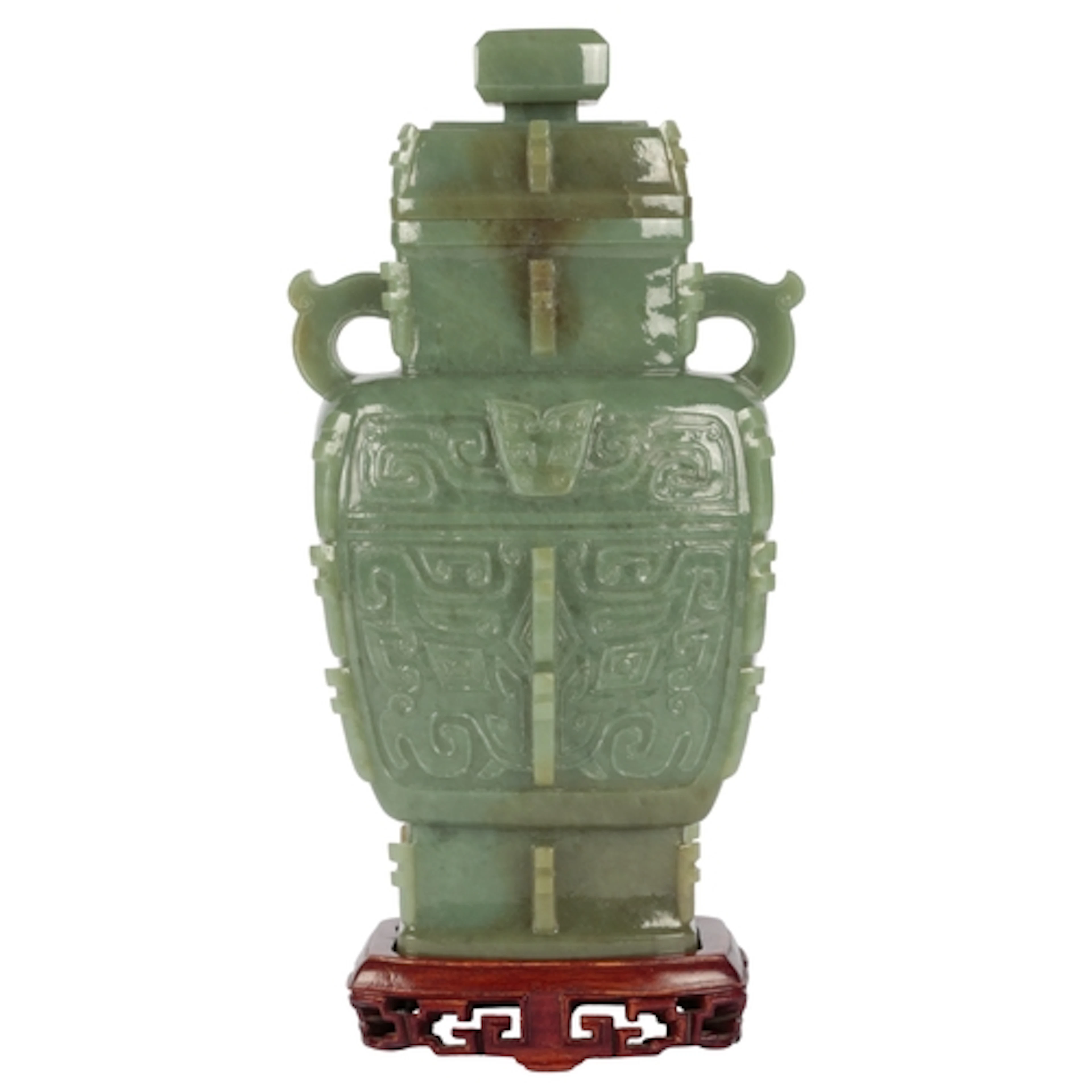 A large Chinese archaistic green jade vase and cover, Fangzu...