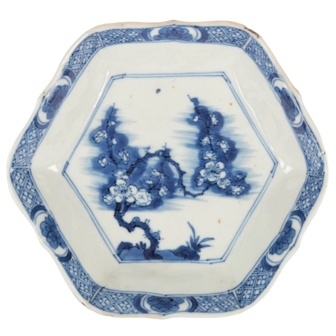 An unusual Chinese blue and white hexagonal saucer dish, Kan...