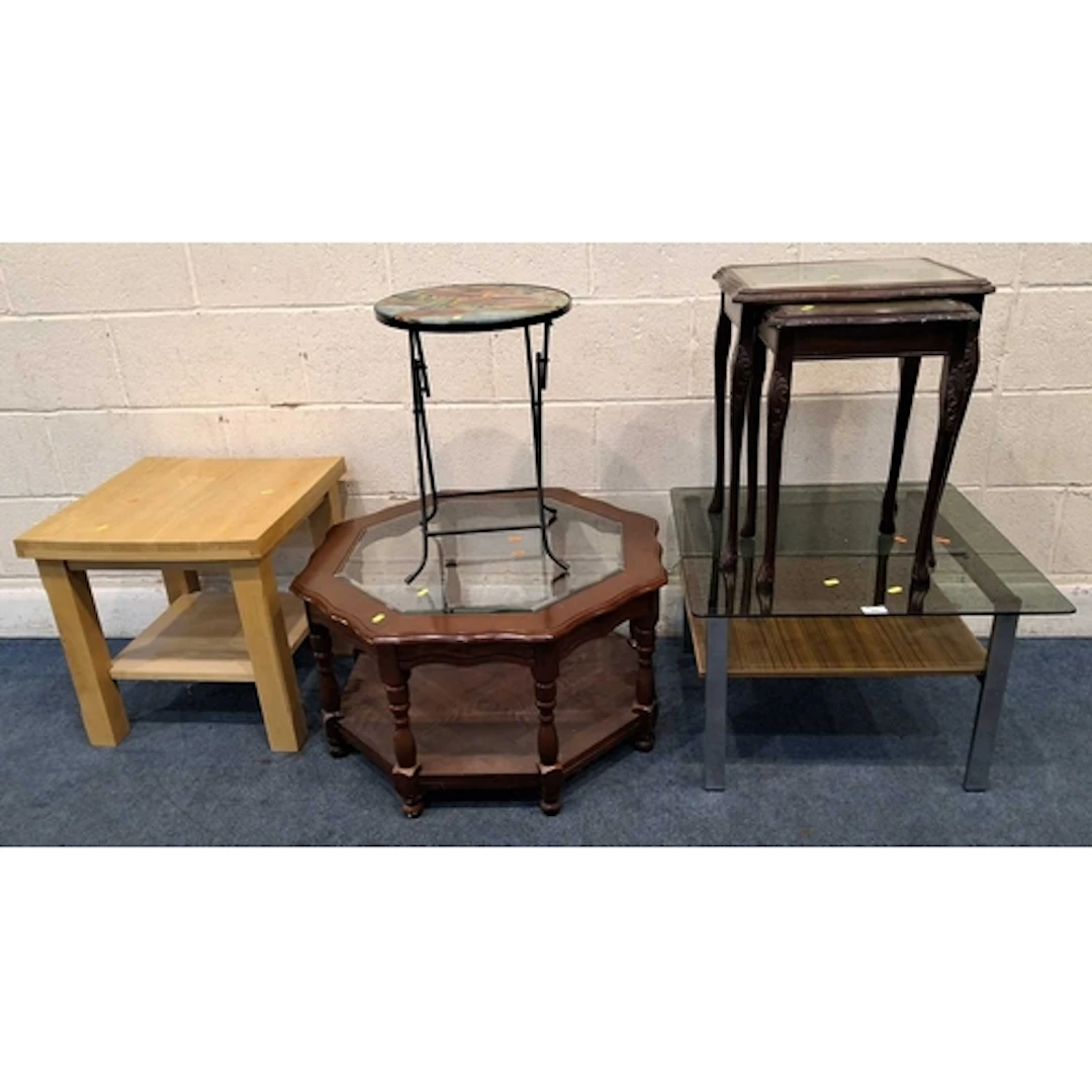 A SELECTION OF OCCASIONAL TABLES, one with a square glass to...