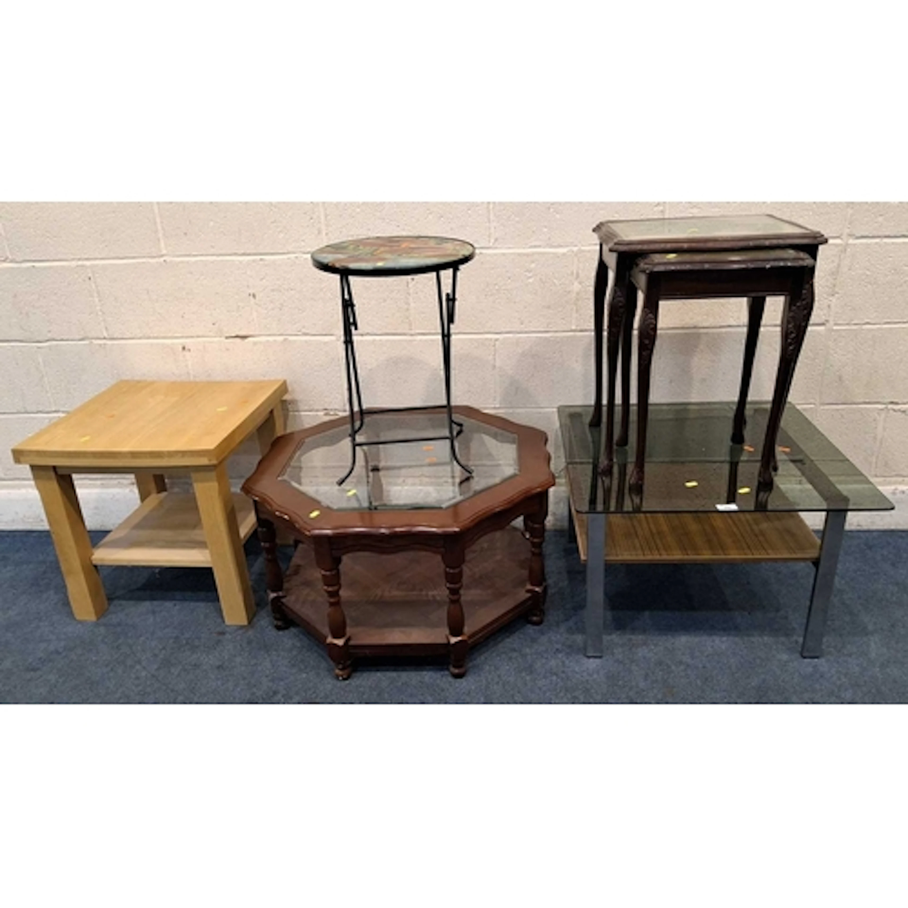 A SELECTION OF OCCASIONAL TABLES, one with a square glass to...