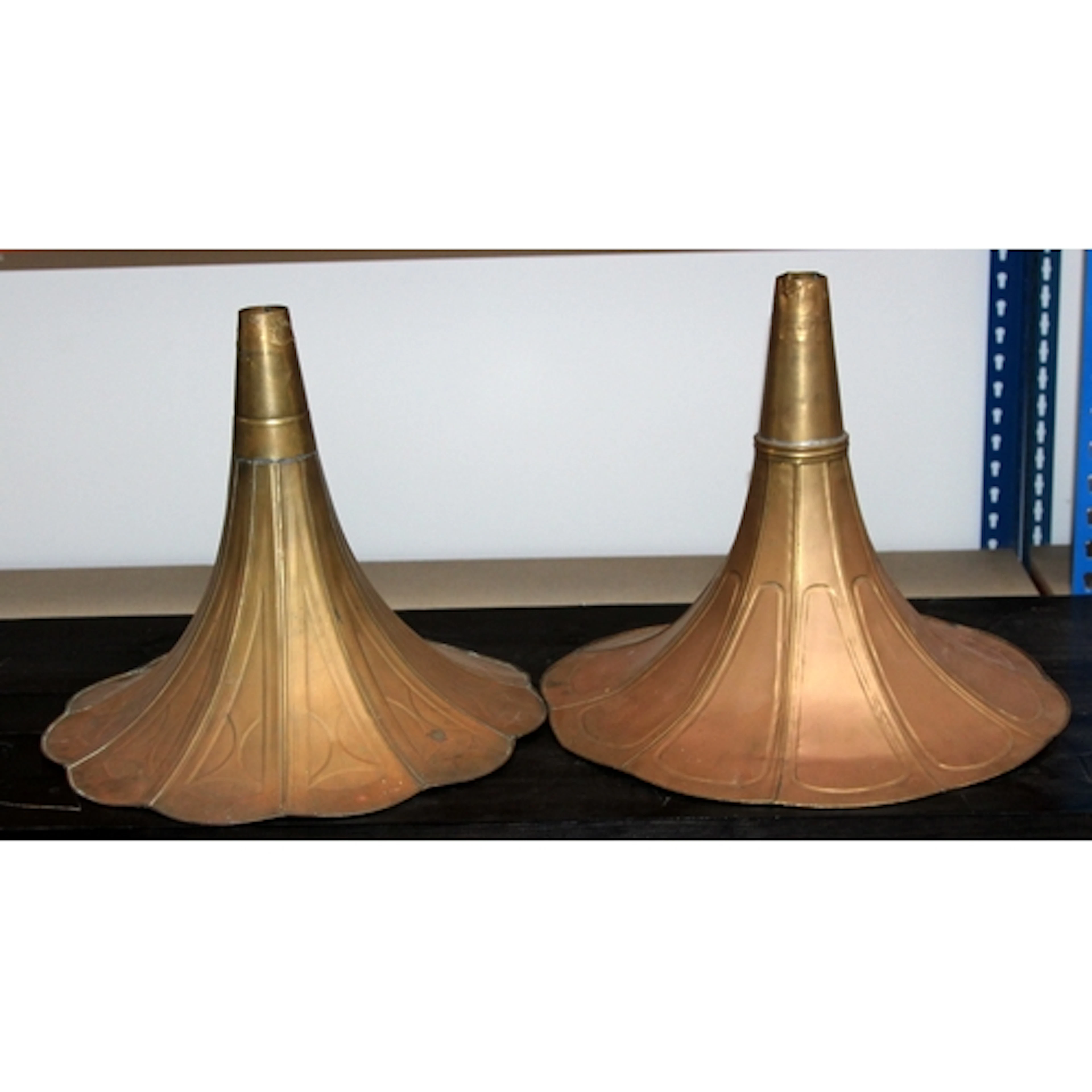 Two antique brass gramophone speaker horns of petal form