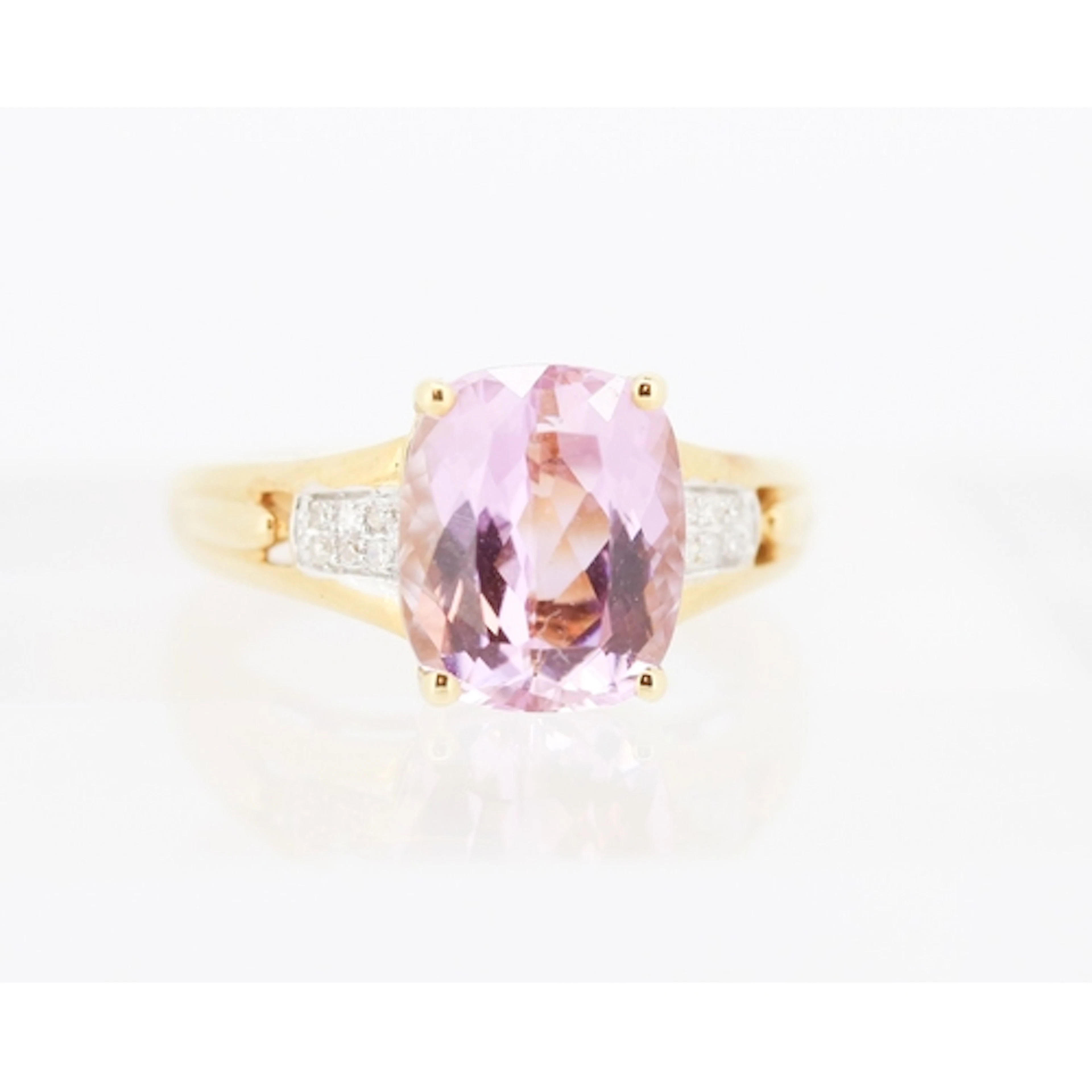 Attractively Detailed, Facet Cut Kunzite Set Ring with Diamo...