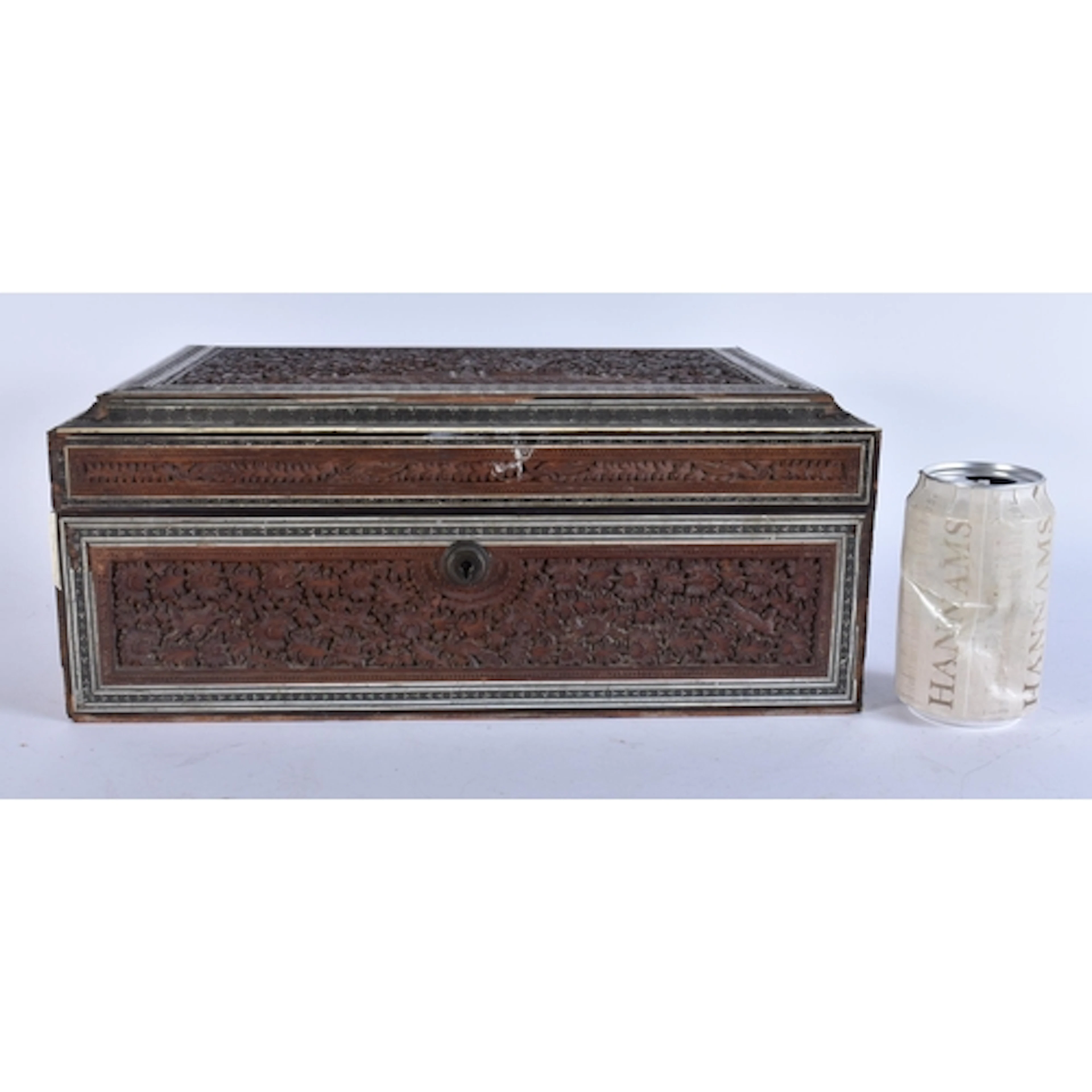 A LARGE 19TH CENTURY ANGLO INDIAN CARVED SANDALWOOD CASKET f...