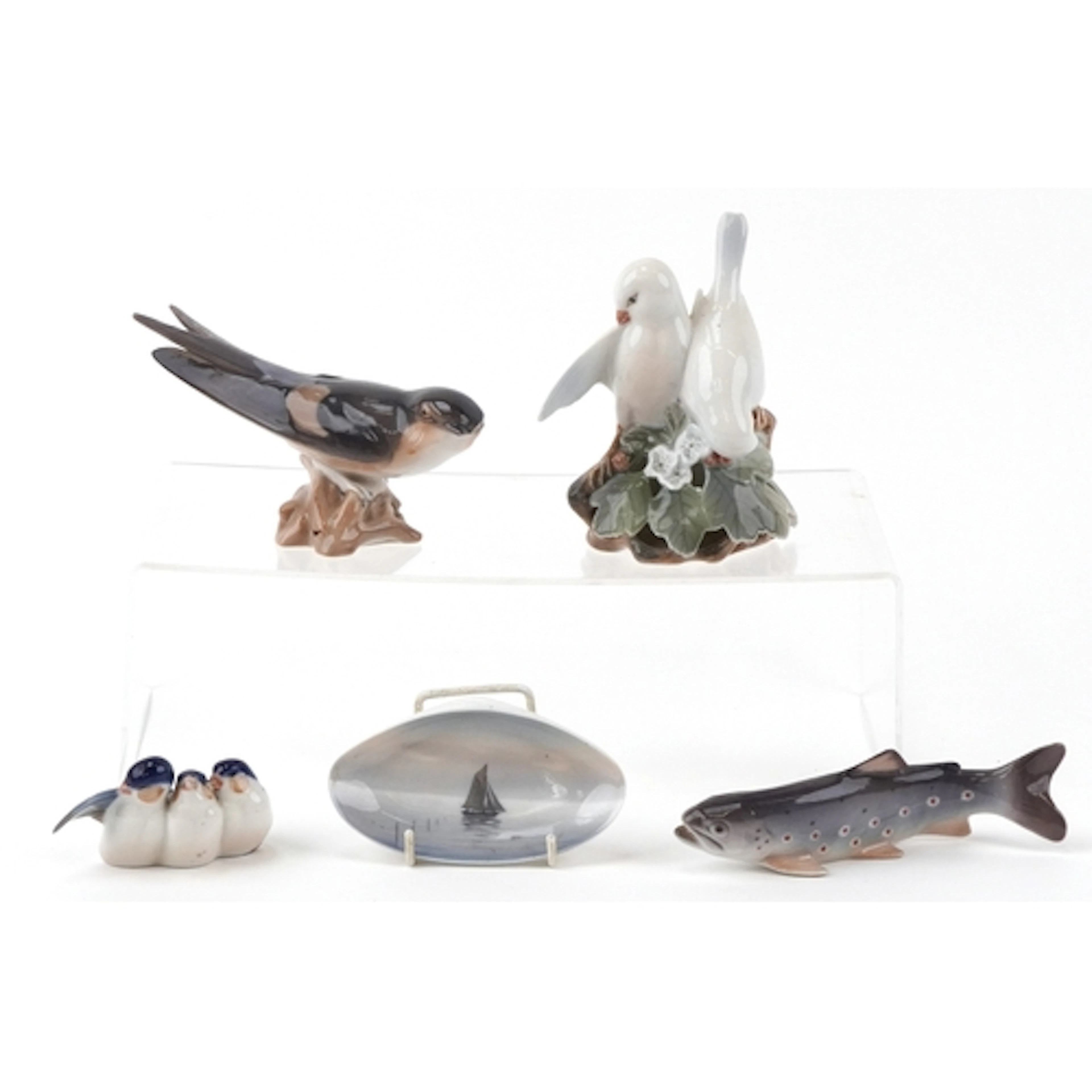 Five Royal Copenhagen Danish porcelain animals and a shell s...