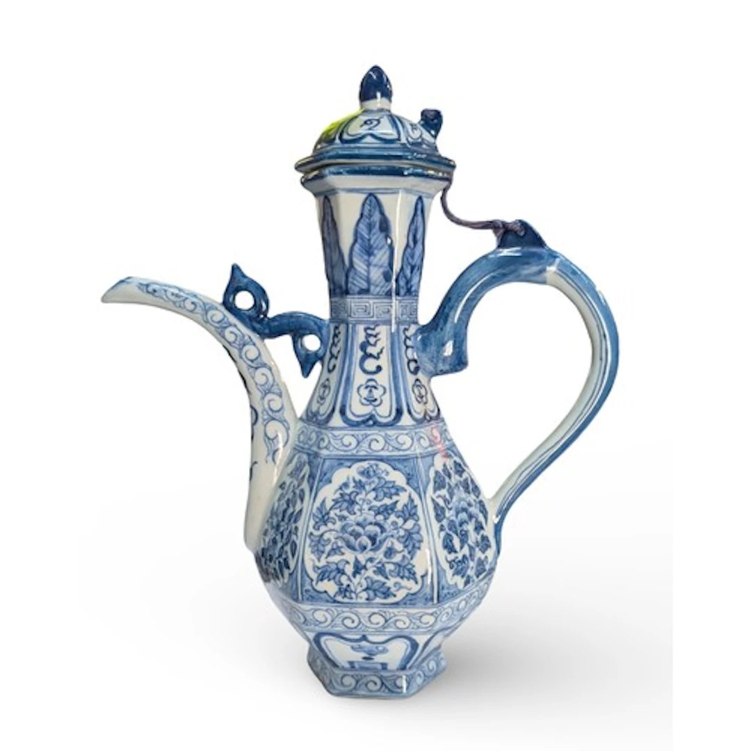 Chinese blue and white porcelain ewer, with hexagonal form b...