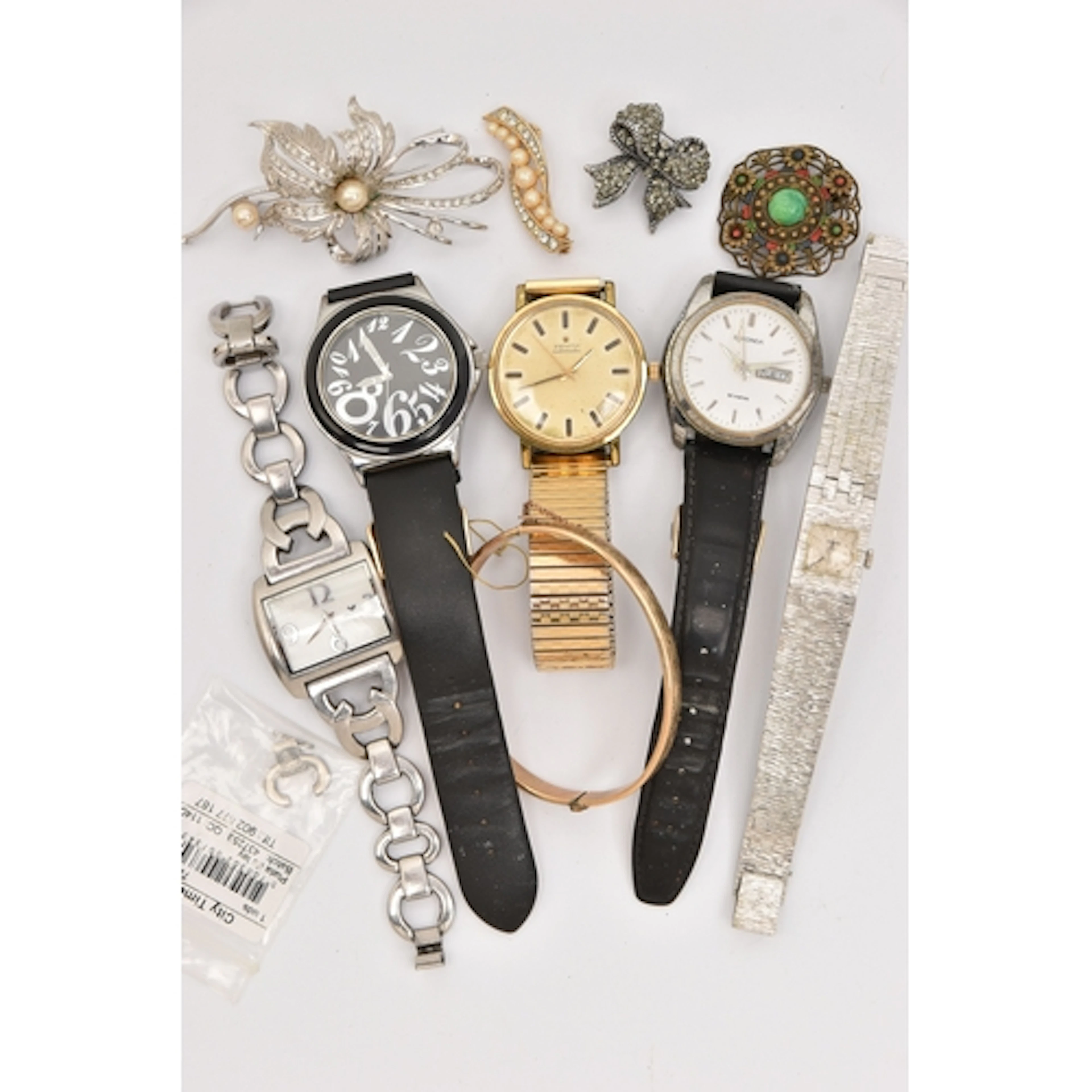 A SMALL BOX OF WATCHES AND COSTUME JEWELLERY, to include fiv...