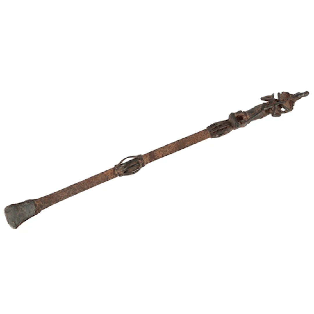 A single Yoruba Edan Ogboni bronze and iron figural staff, t...