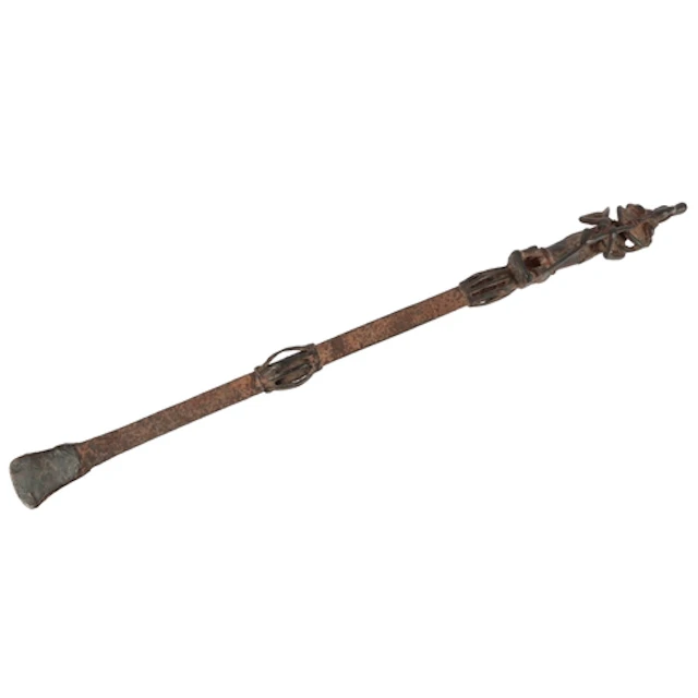 A single Yoruba Edan Ogboni bronze and iron figural staff, t...