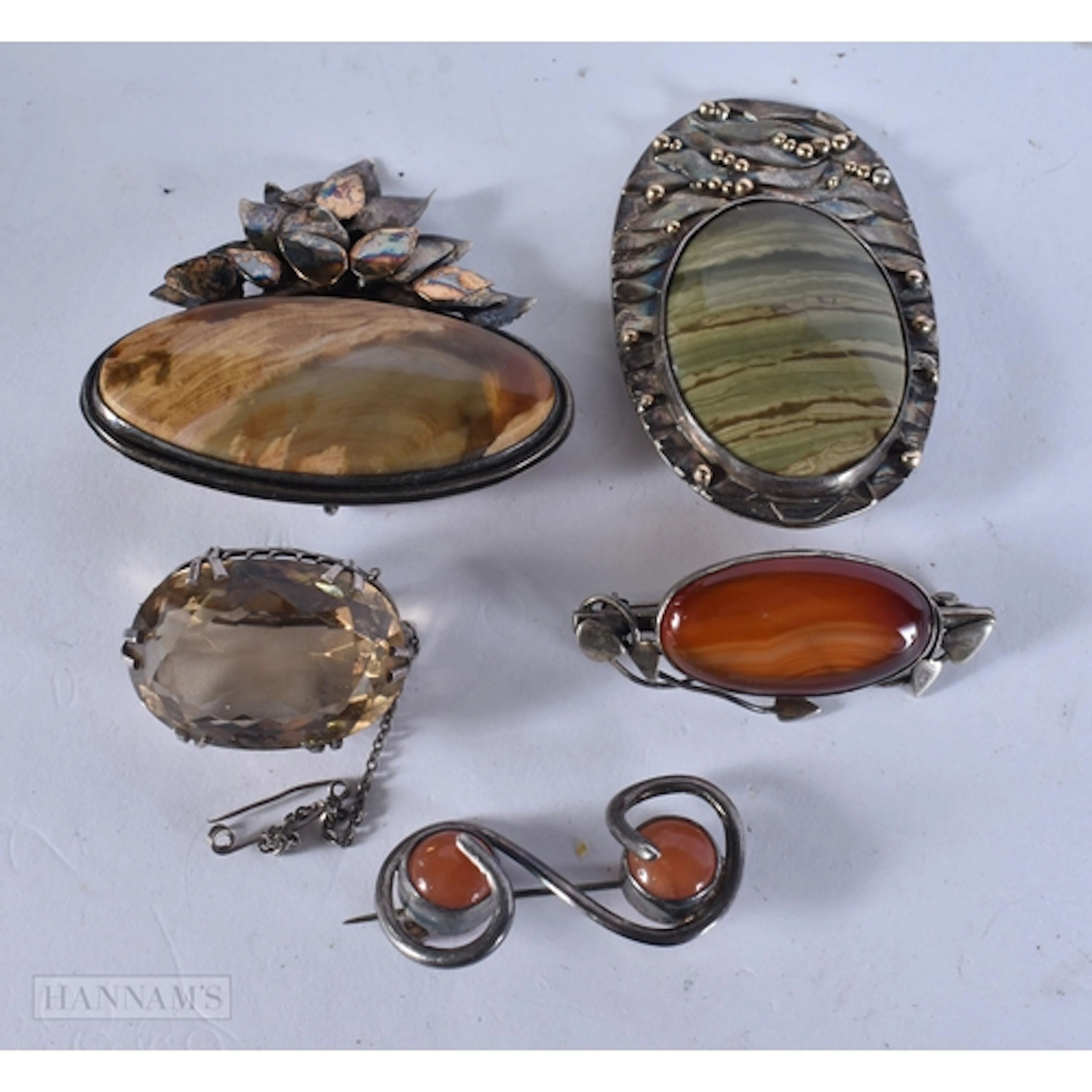 Collection of Sterling Silver Gemstone Brooches inc. Agate, ...