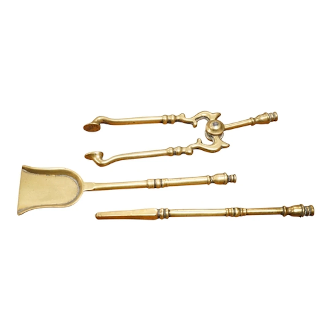 A 19th century miniature brass three piece fire companion se...
