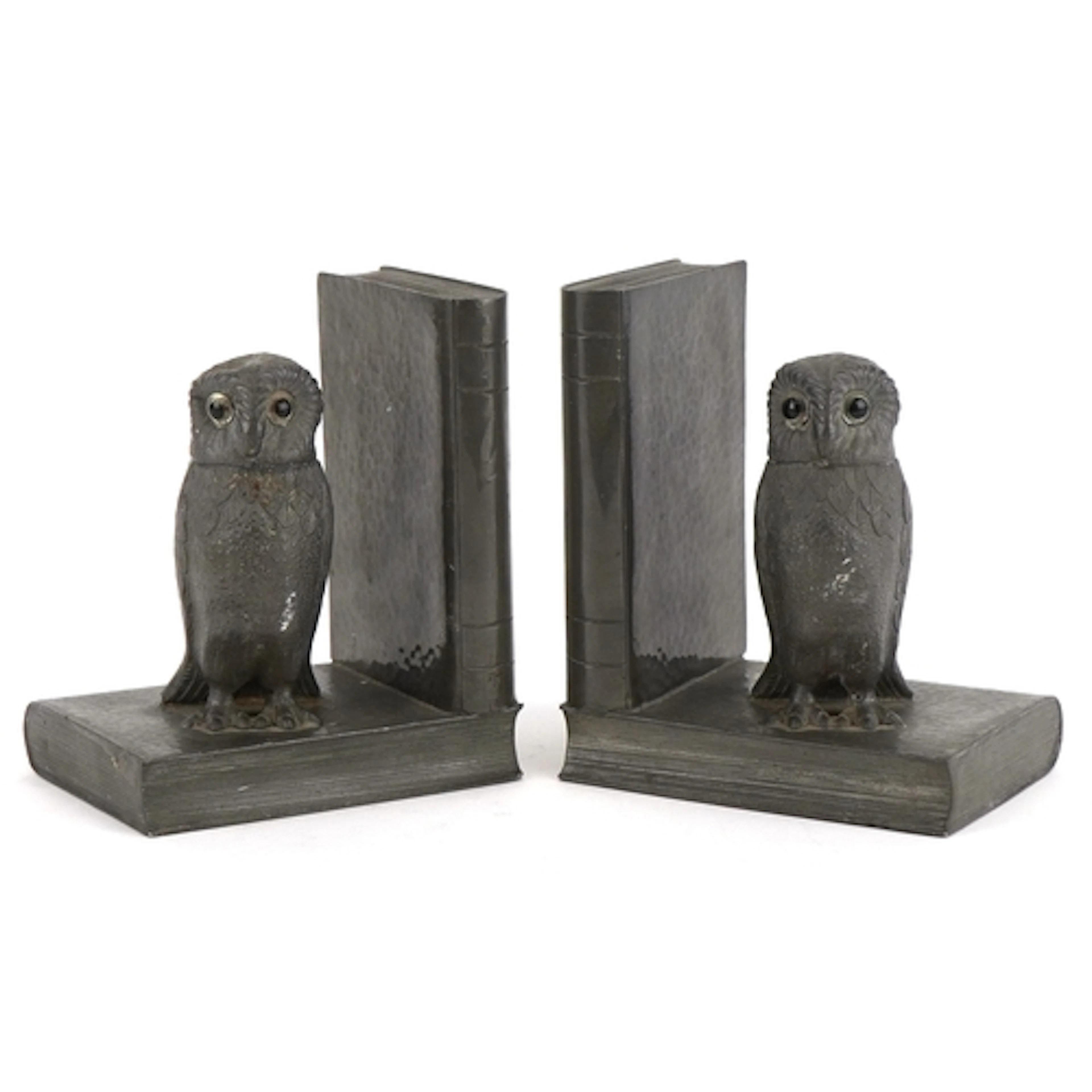 A pair of My Lady planished pewter owl design bookends, 13cm...