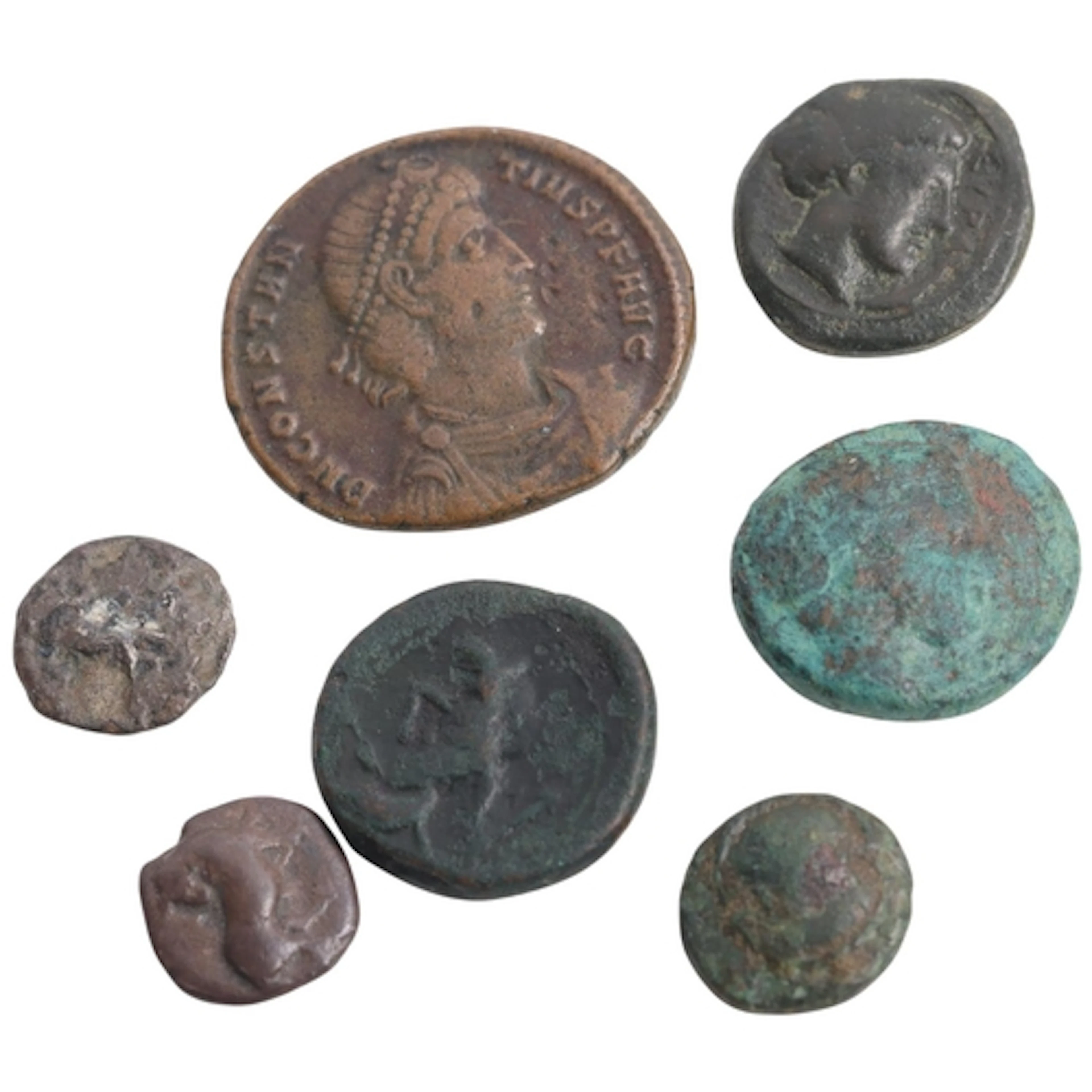 A collection of 7 Ancient bronze coins, including Constantin...