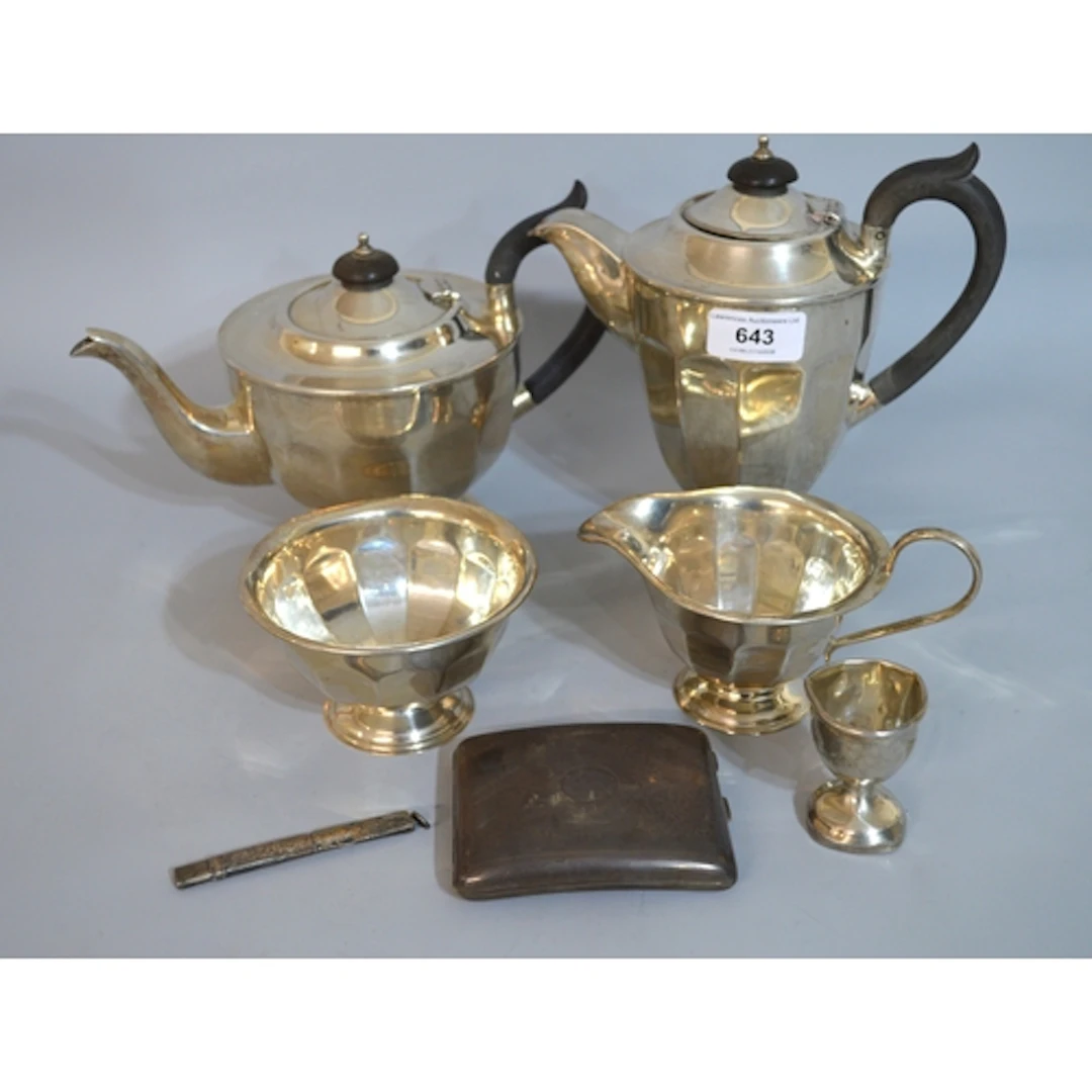 Sheffield silver four piece tea set with ebony handles, silv...