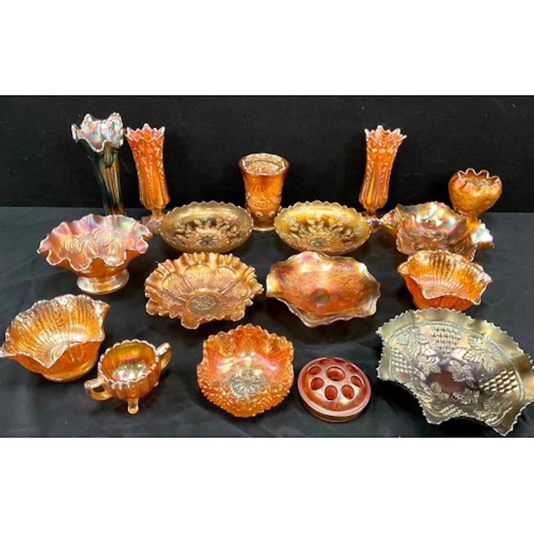 Carnival Glass - marigold pressed bowls, vases etc inc undul...