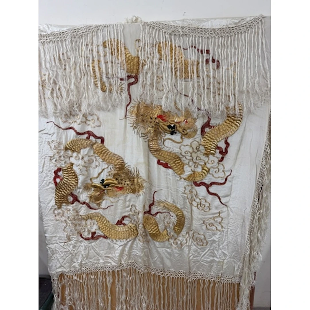 Rare Chinese Export Gold-couched 'Double Dragon' silk shawl ...