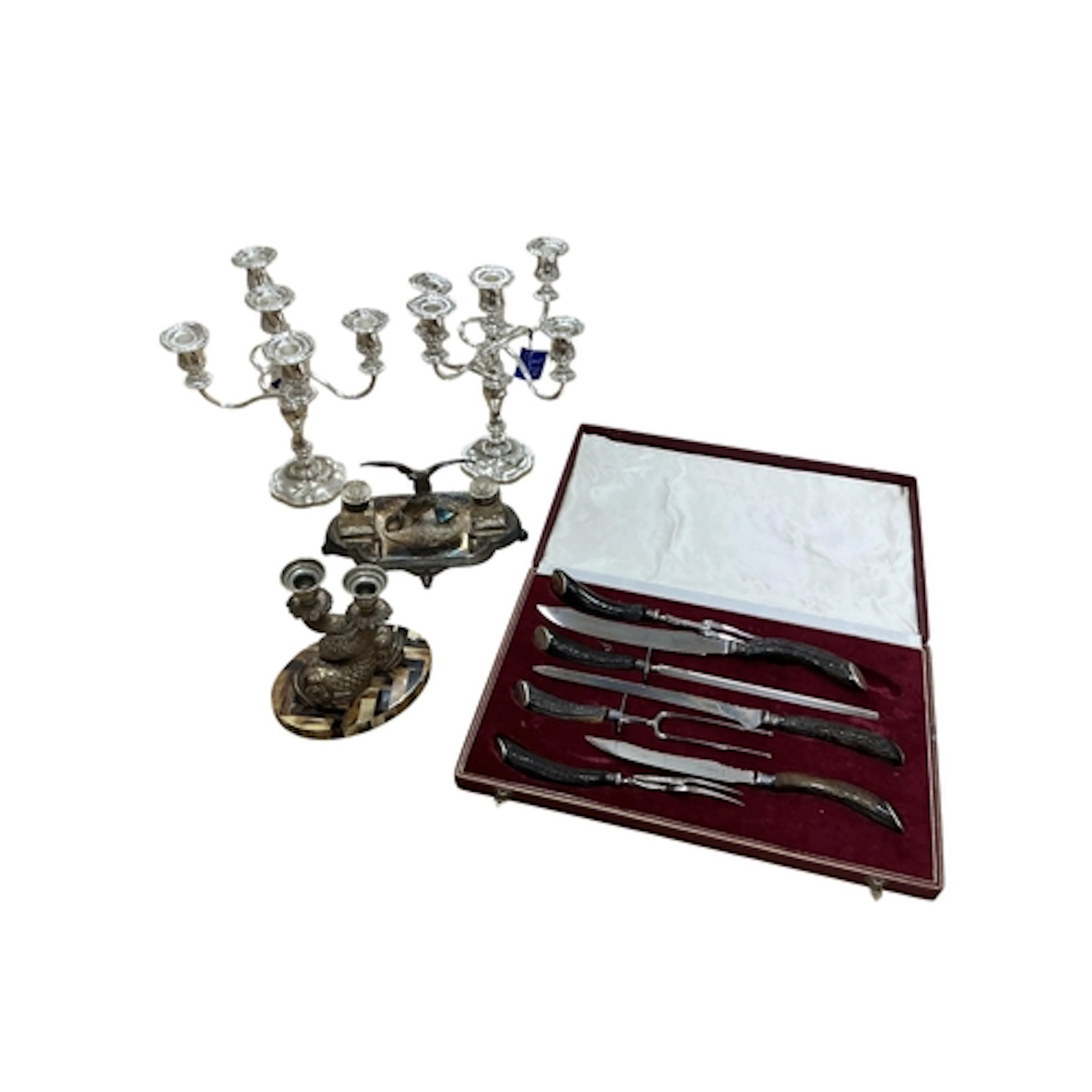 A late Victorian silver plated inkstand, a pair of modern si...