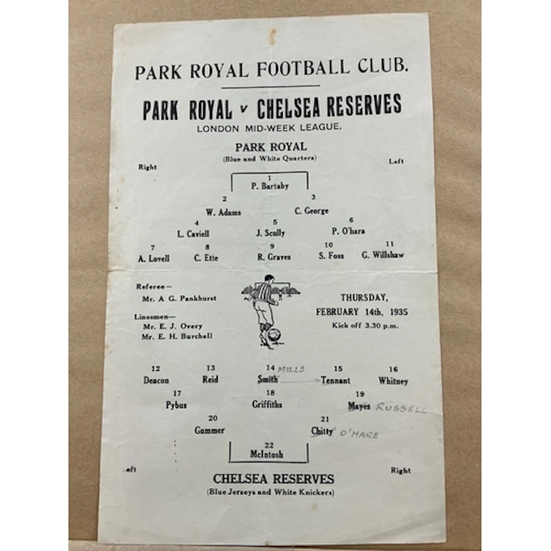 1934 - 1935 Park Royal v Chelsea Reserves Football Programme...