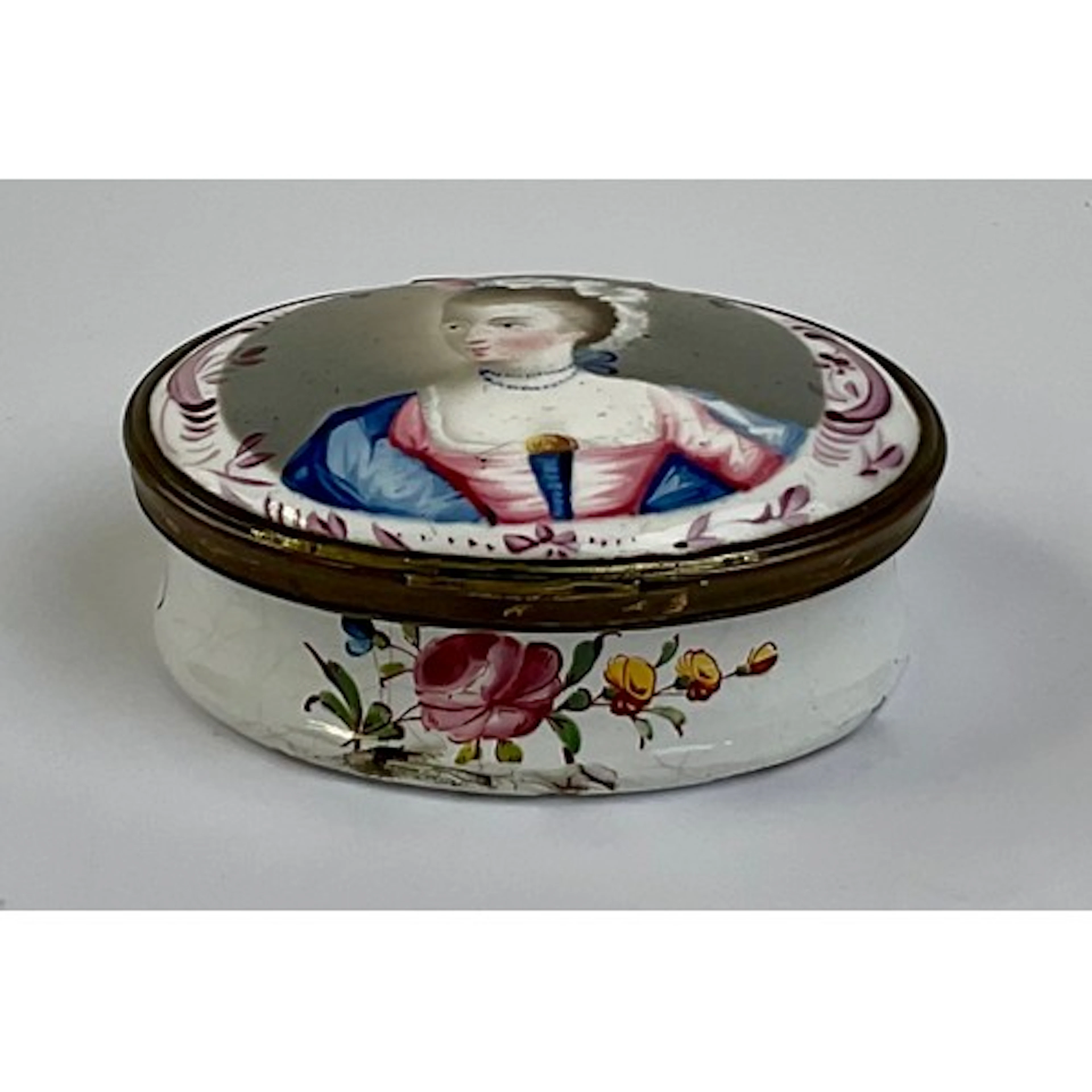 A George III South Staffordshire enamel and brass mounted ov...