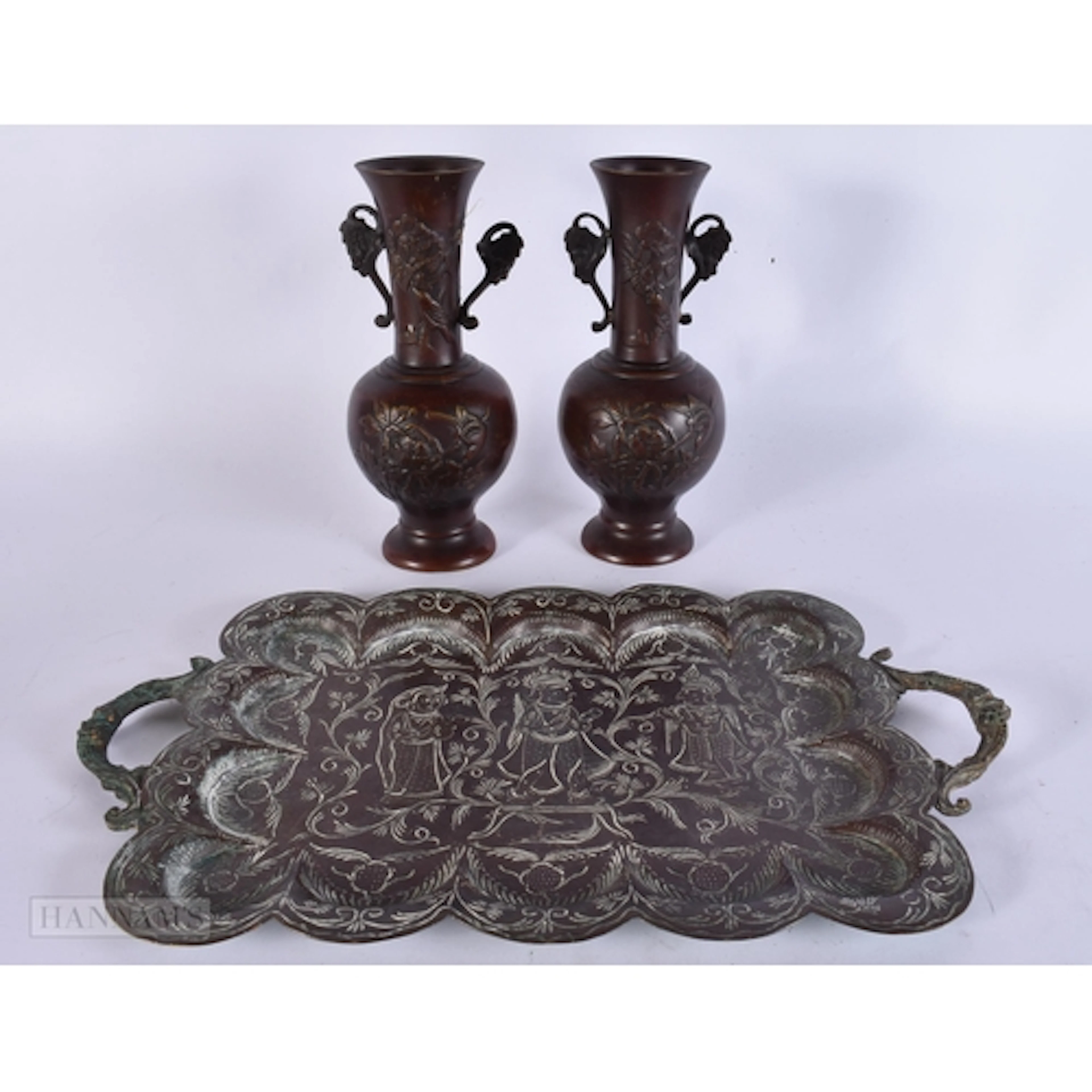 AN ANTIQUE INDIAN TRAY and a pair of Japanese bronze vases. ...