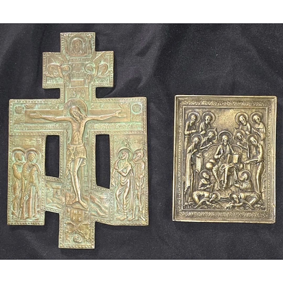 Two 19th century brass Russian ikon plaques.