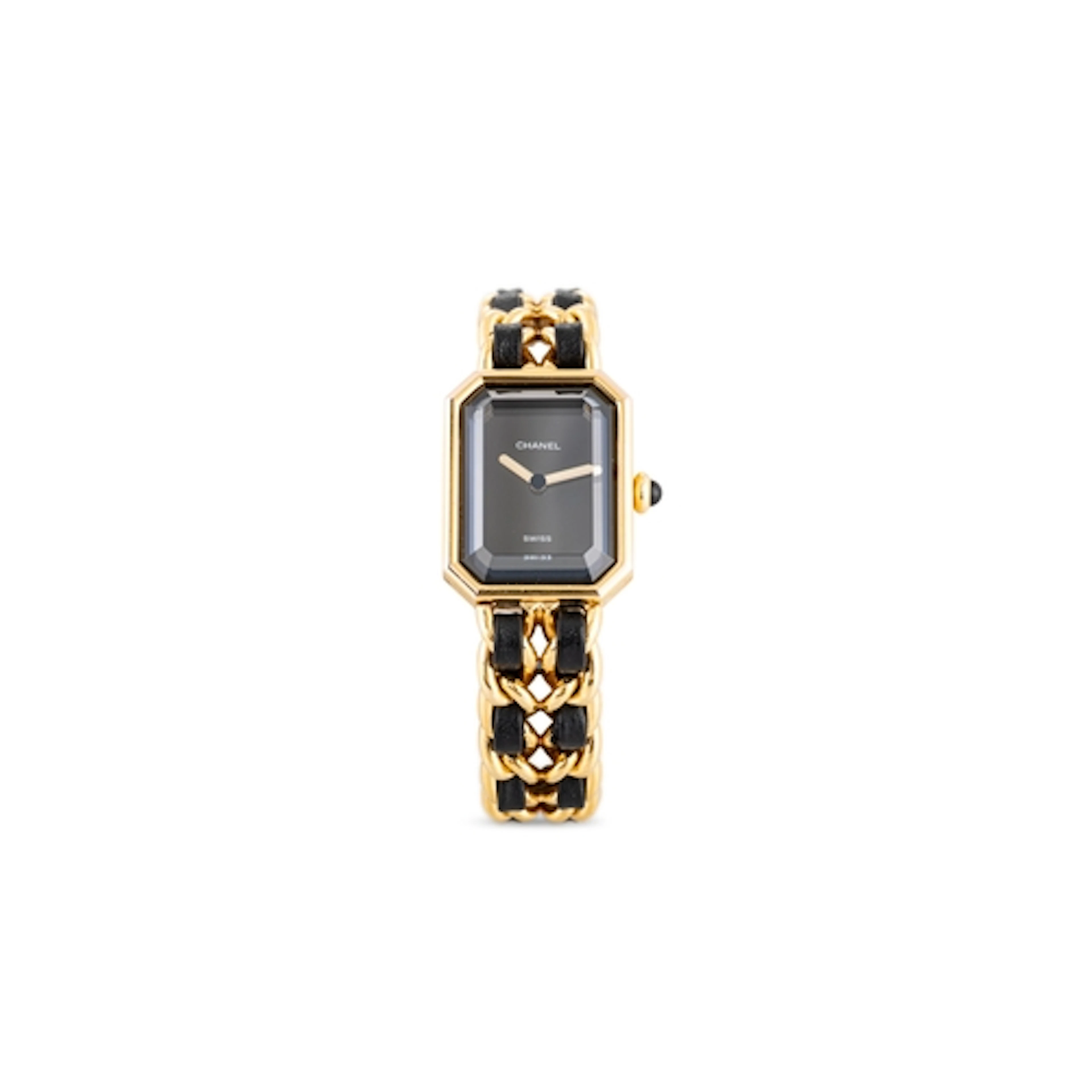 A LADY'S CHANEL GOLD PLATED QUARTZ WRISTWATCH, black face wi...