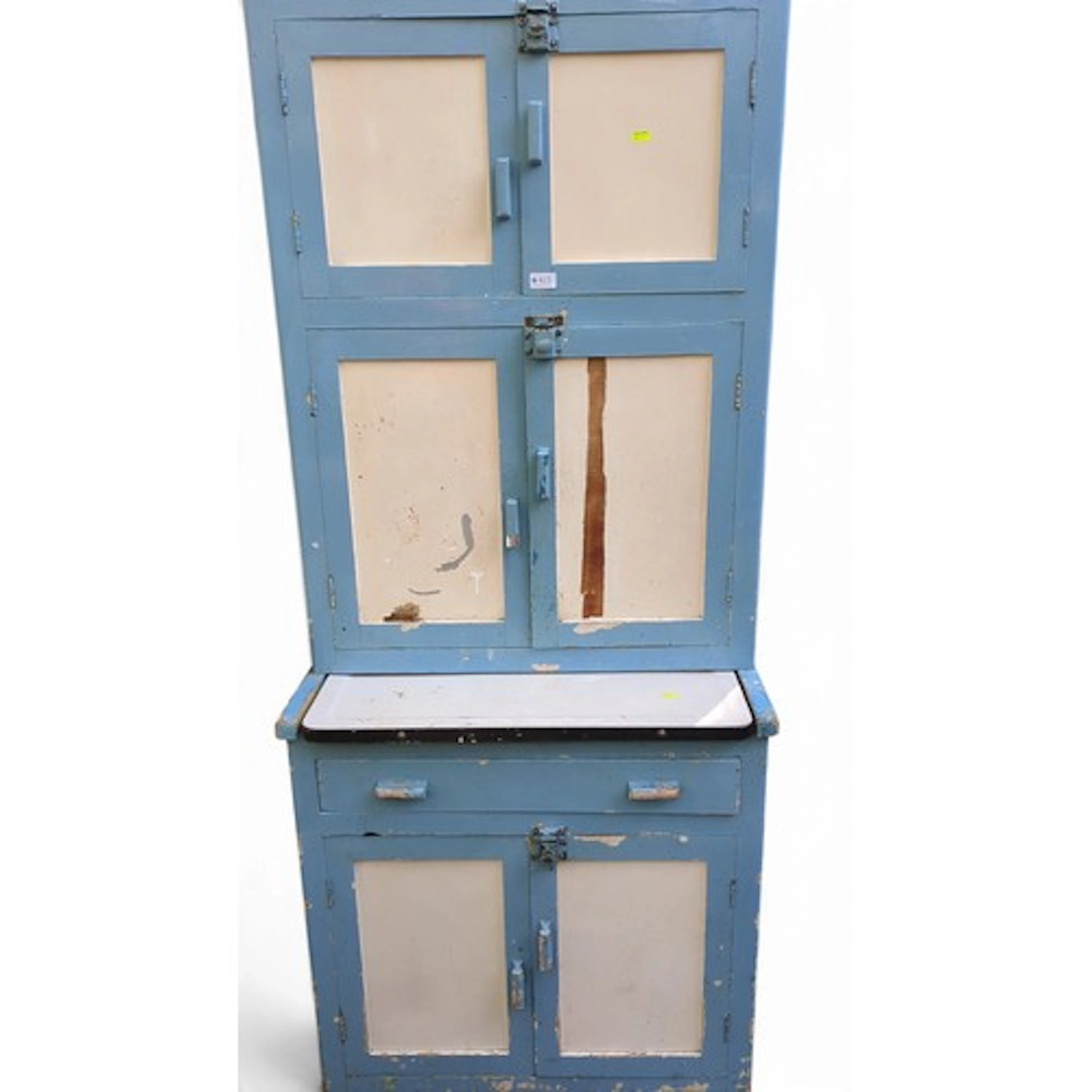 Vintage wooden kitchen cabinet with blue framing and cream i...