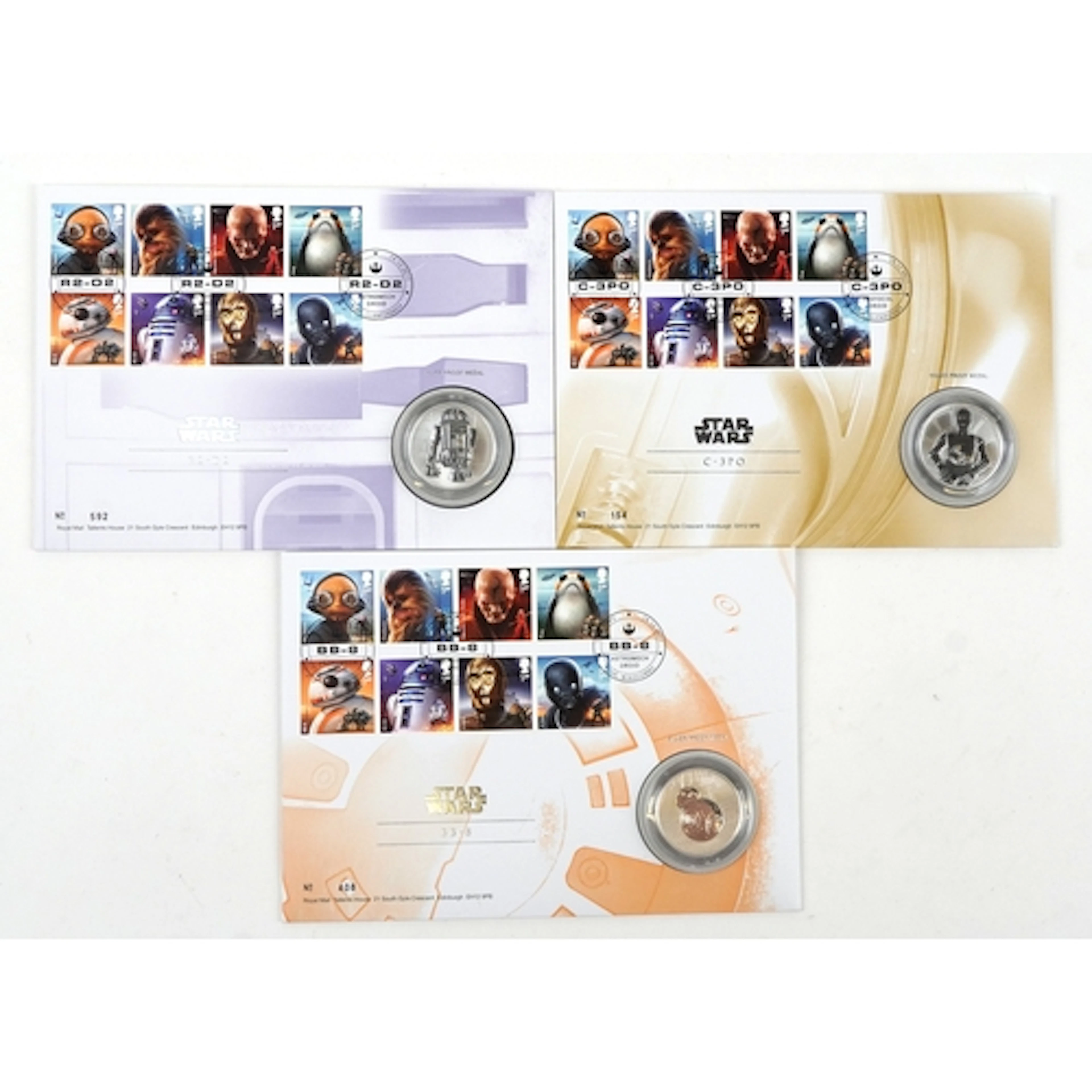 Three Royal Mail/Royal Mint 2017 limited edition Star Wars s...