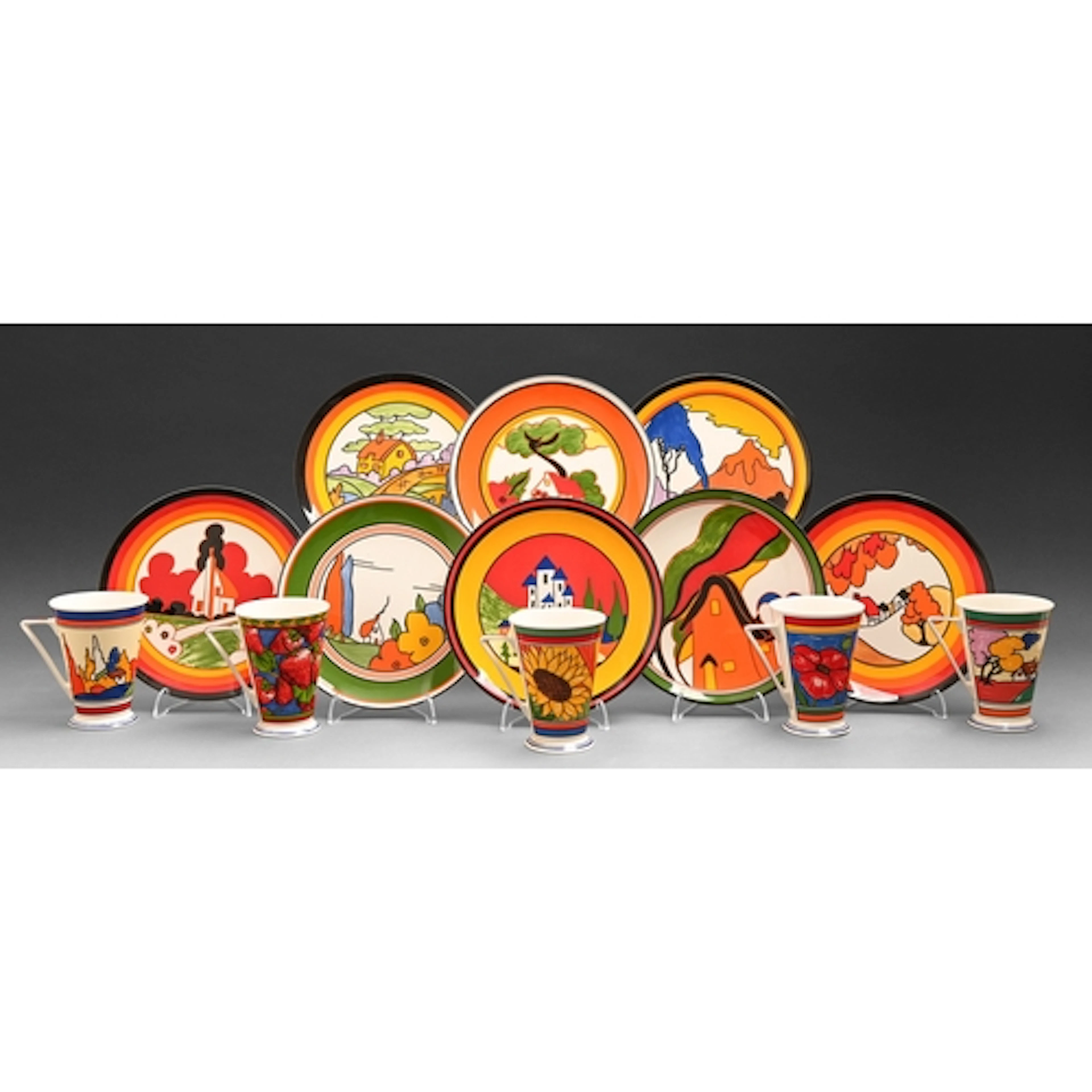 Eight Wedgwood Clarice Cliff plates, for the Bradford Exchan...