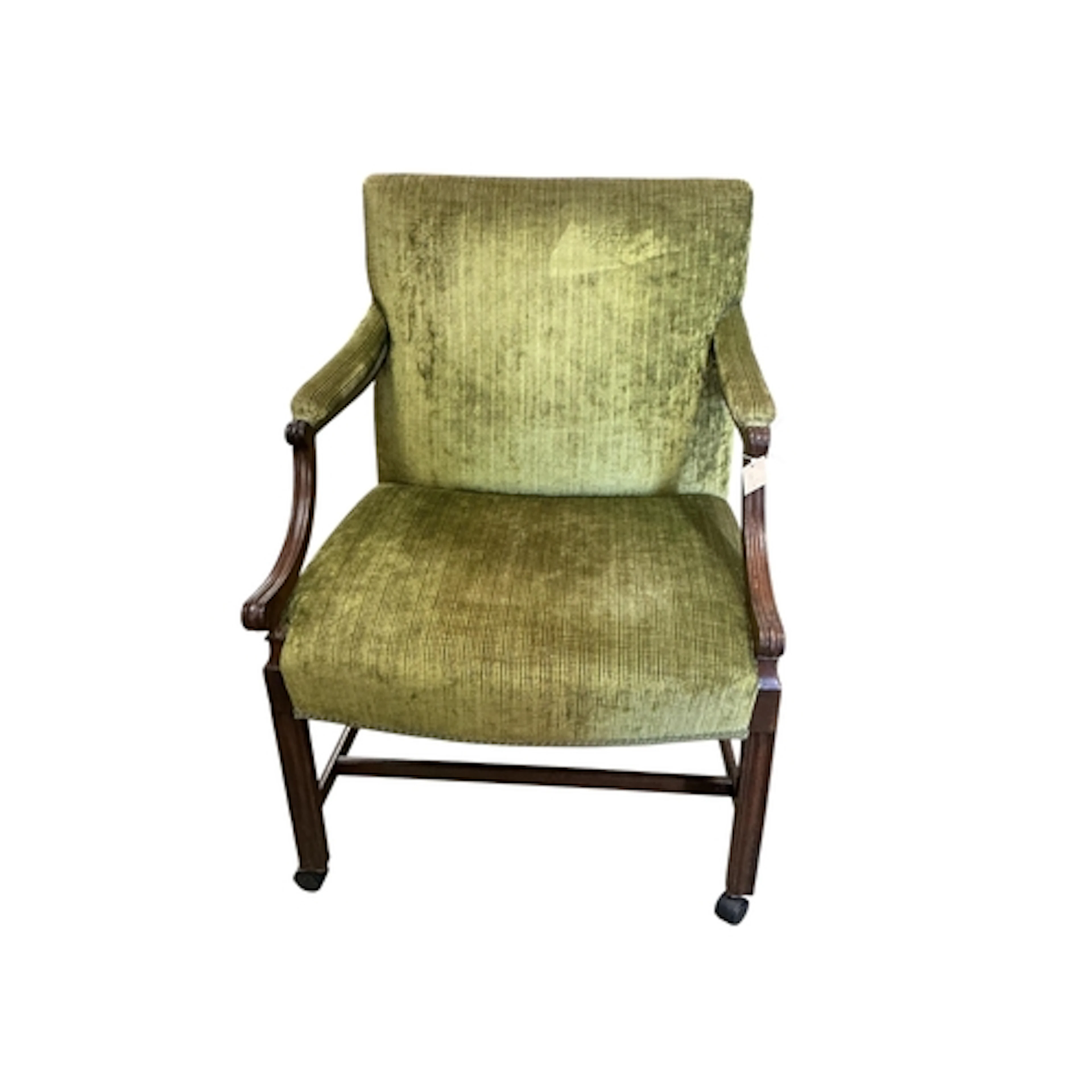 A George III mahogany Gainsborough armchair in olive corduro...