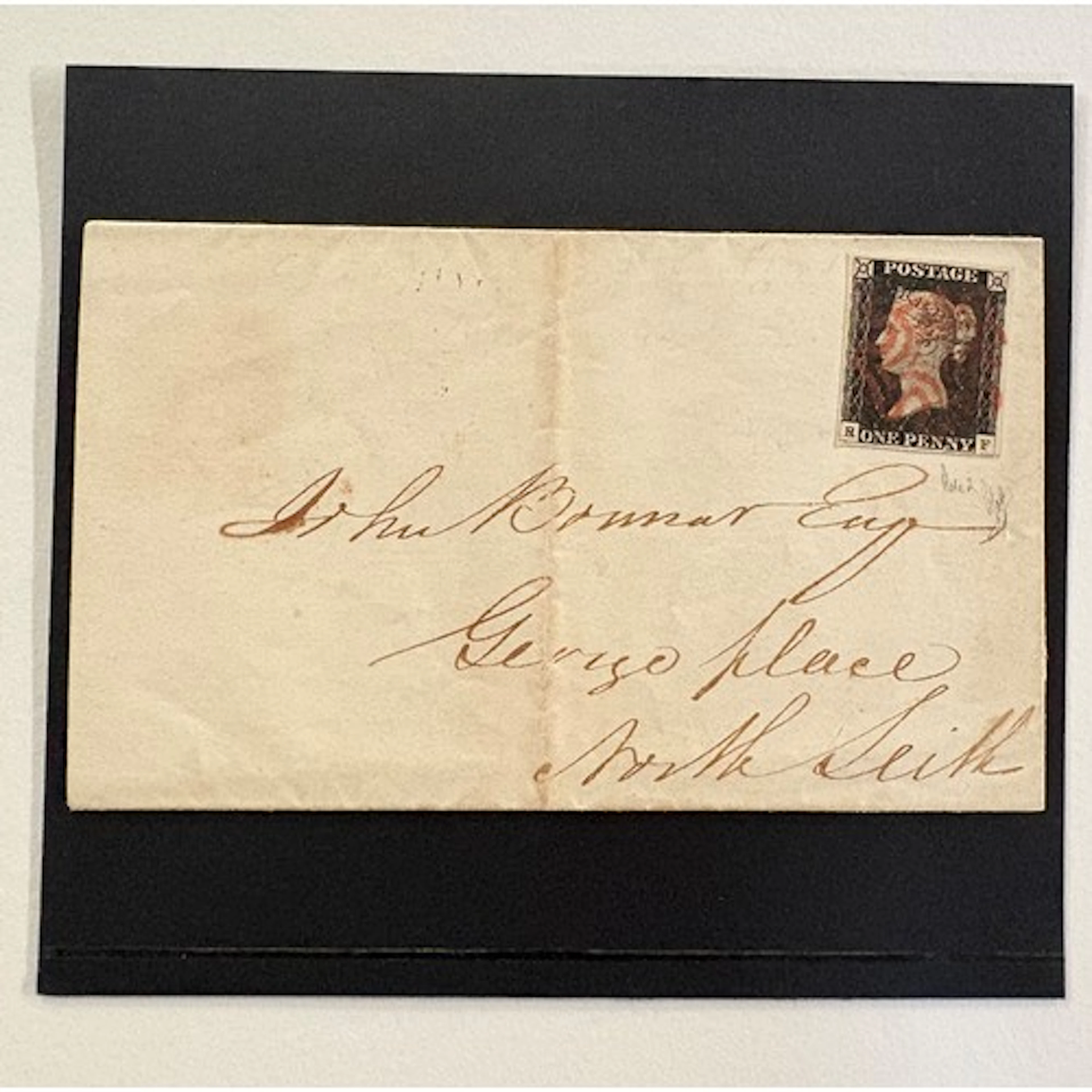 1d black on cover entire dated 12-11-1840 cancelled with a r...