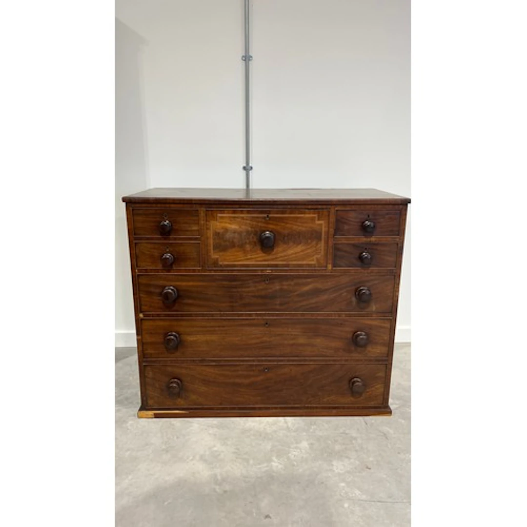 19th century mahogany chest, rectangular top over boxwood an...
