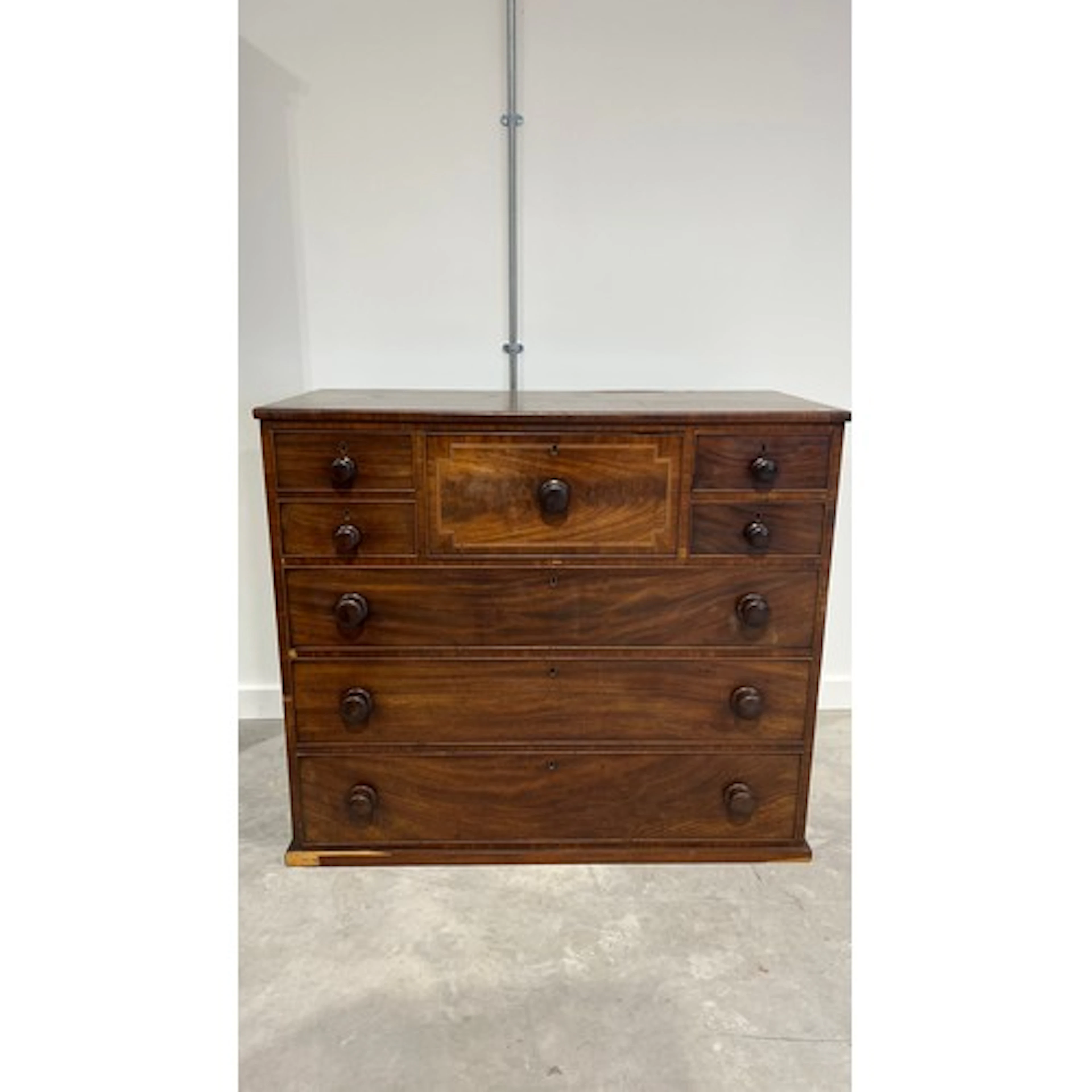 19th century mahogany chest, rectangular top over boxwood an...