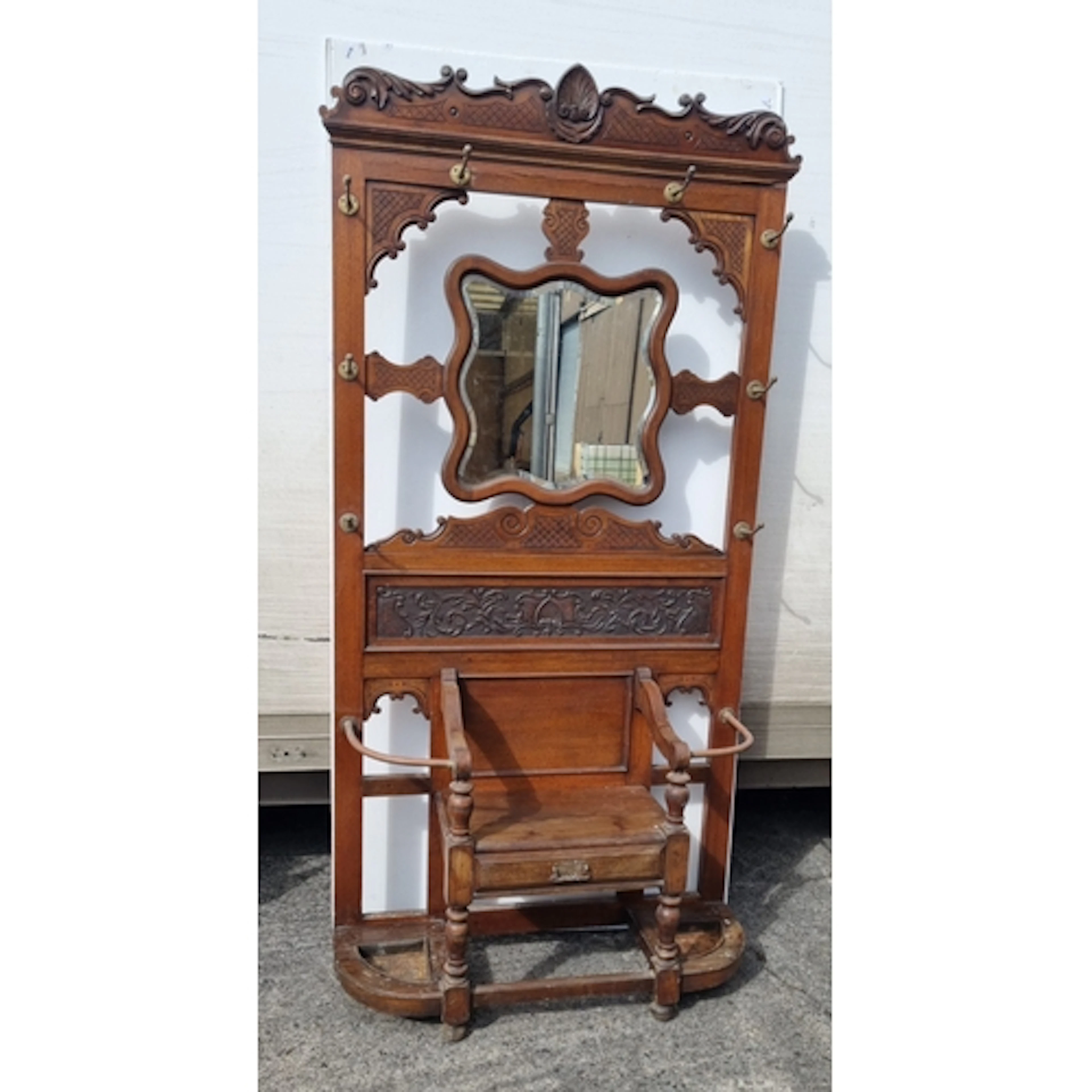 Large Antique Carved Hall Stand with Shaped Mirror and Brass...