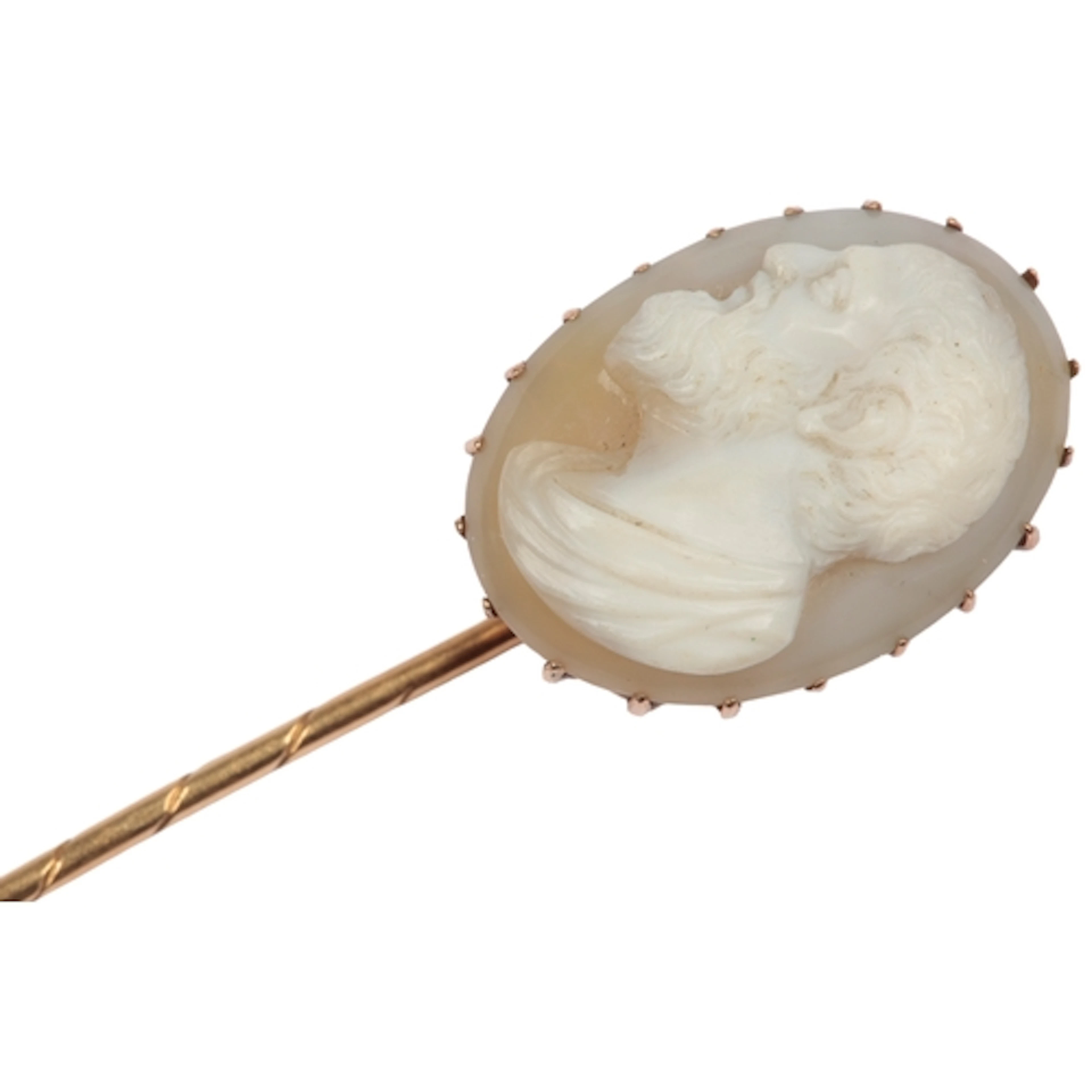 An agate cameo stick pin, 19th century, the oval cameo depic...