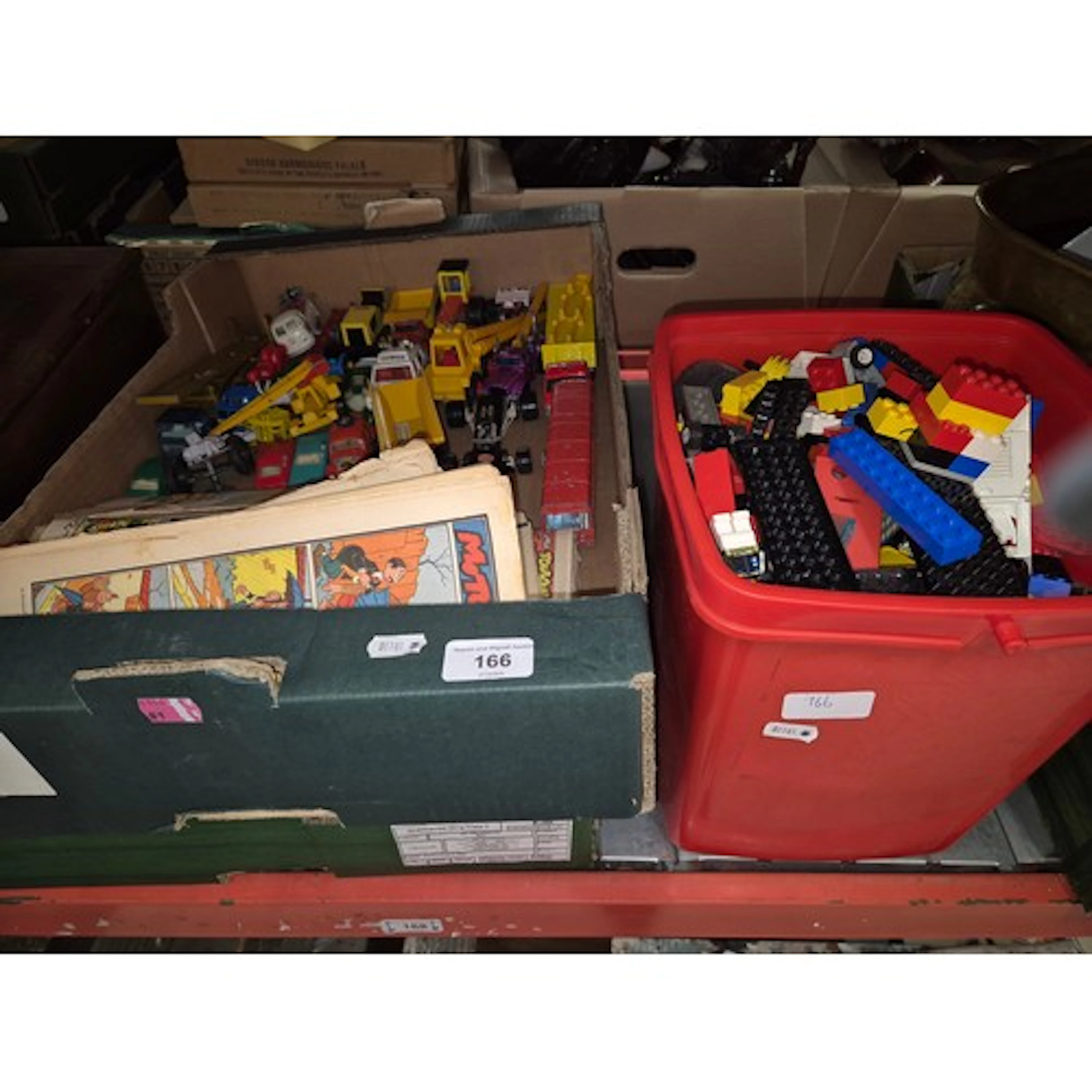 2 boxes of play worn toy cars, comics, and a box of Lego