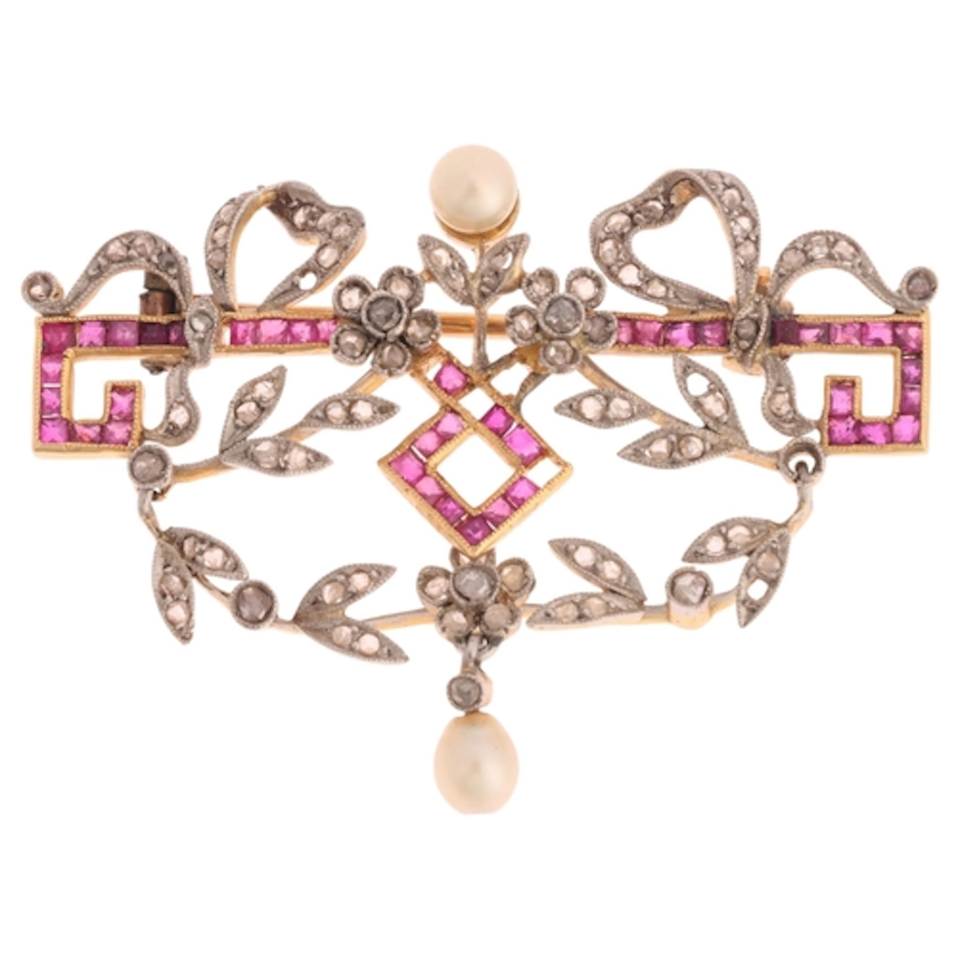 A Belle Epoque diamond ruby and pearl openwork garland brooc...
