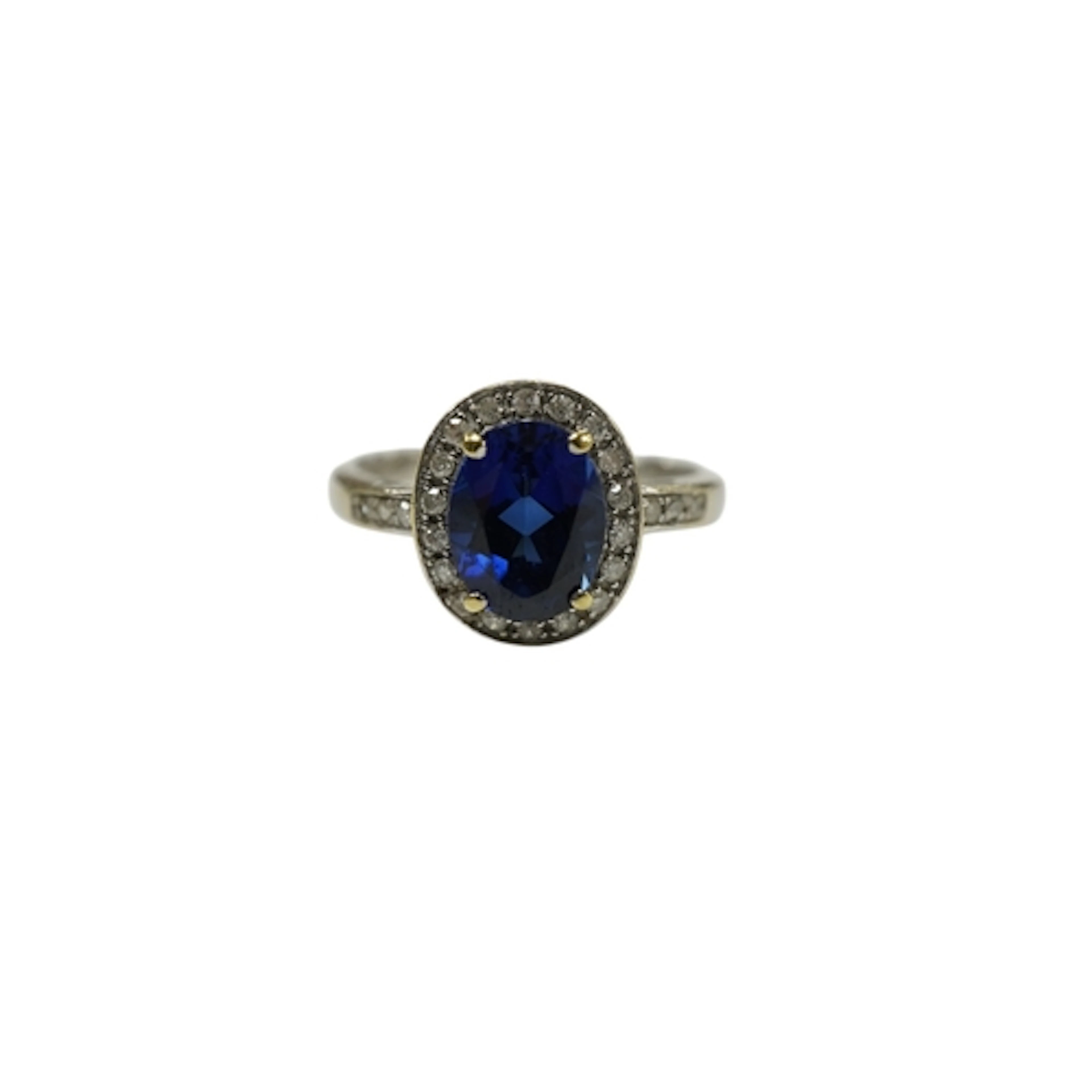 A modern 18ct white gold, synthetic sapphire and diamond set...